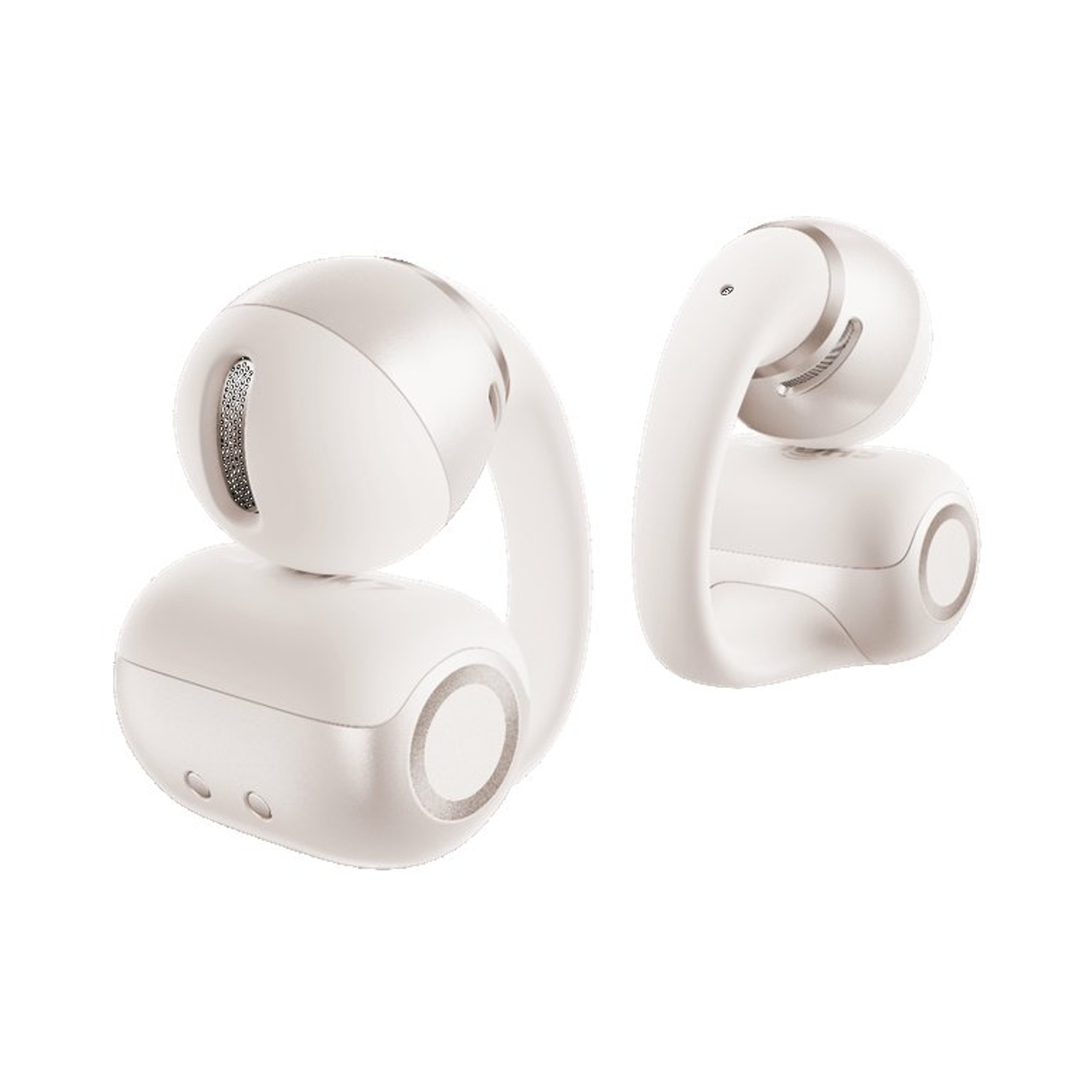 Due auricolari wireless bianchi con accenti argentati su sfondo bianco.
