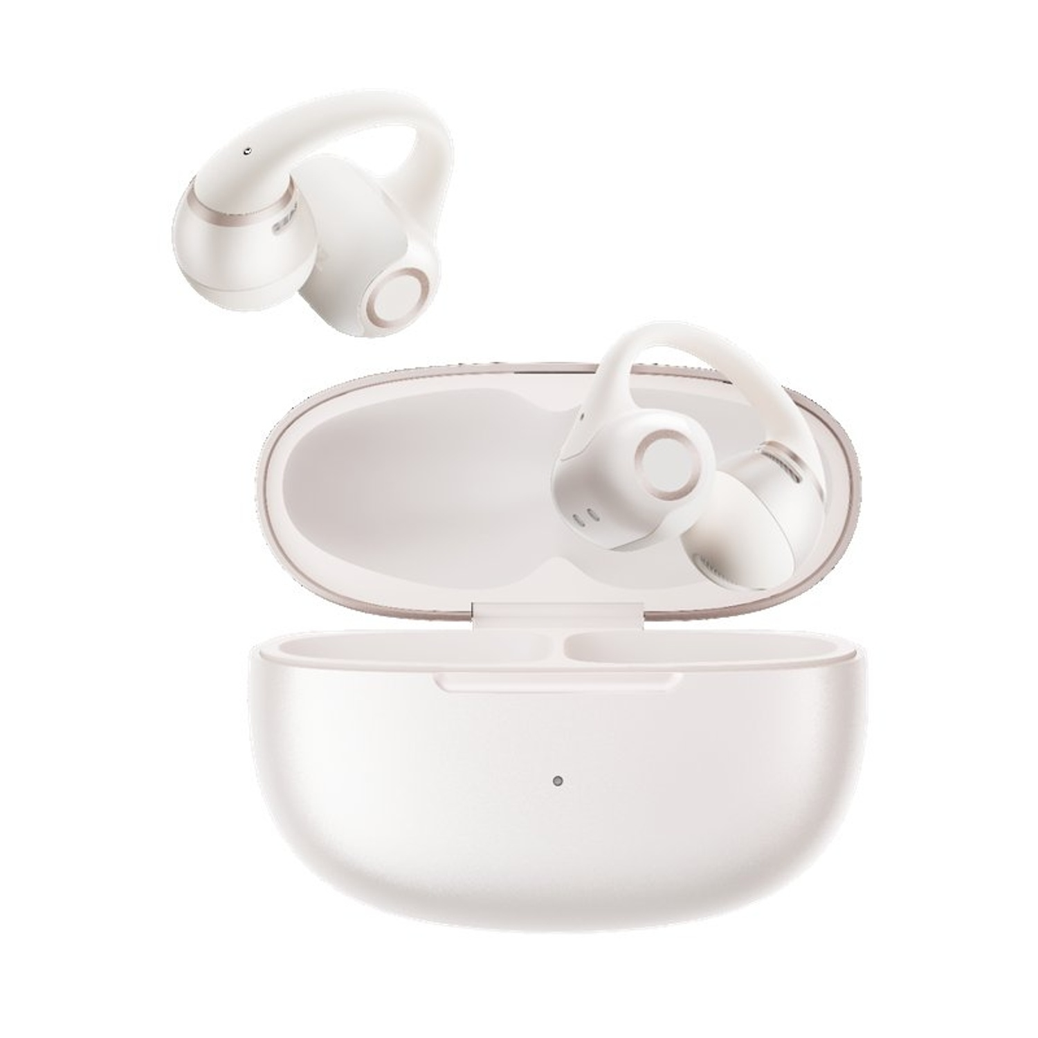 Auricolari wireless bianchi e una custodia di ricarica aperta su sfondo bianco.