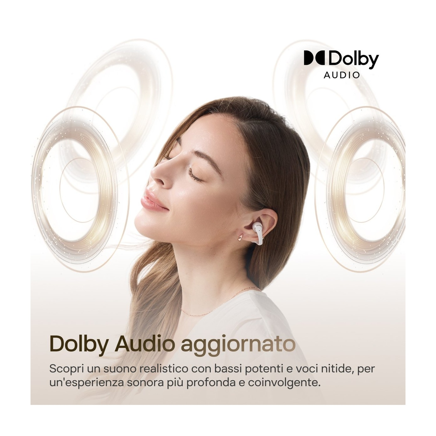 Donna con auricolari e logo Dolby Audio. Onde sonore astratte.
