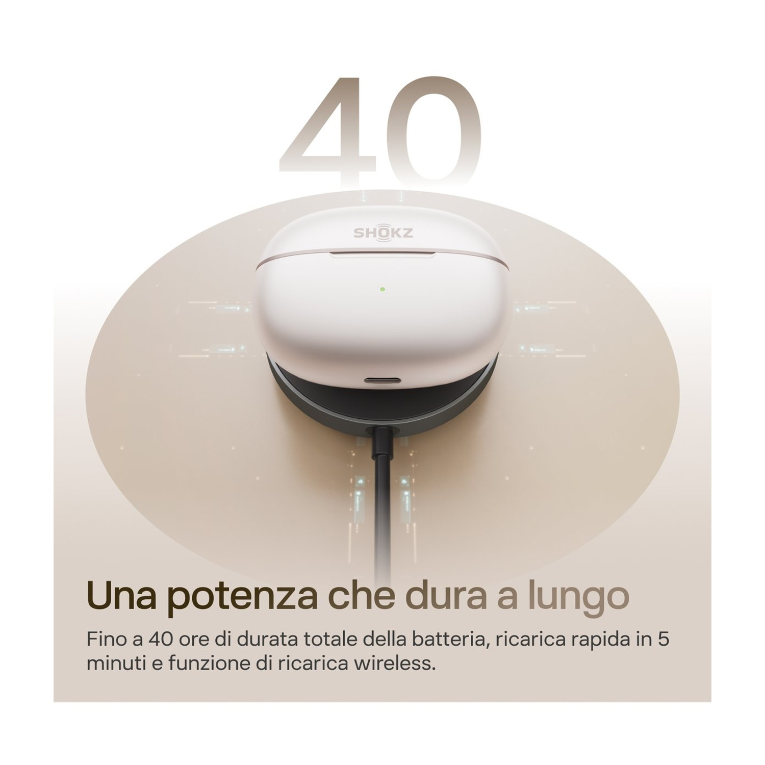 Una custodia di ricarica SHOKZ bianca con luce verde, collegata a un cavo.