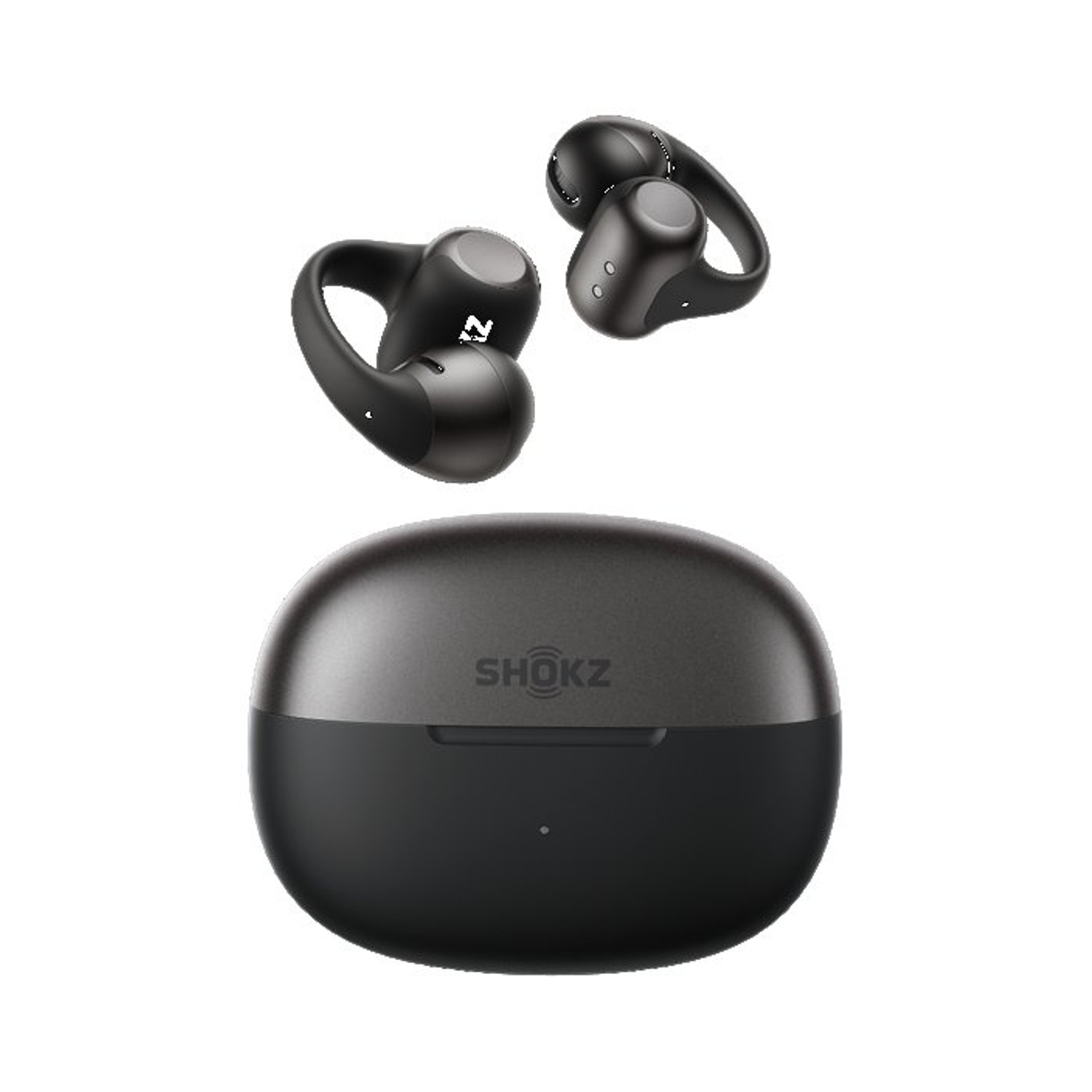 Auricolari wireless neri con custodia di ricarica. Logo Shokz sulla custodia.