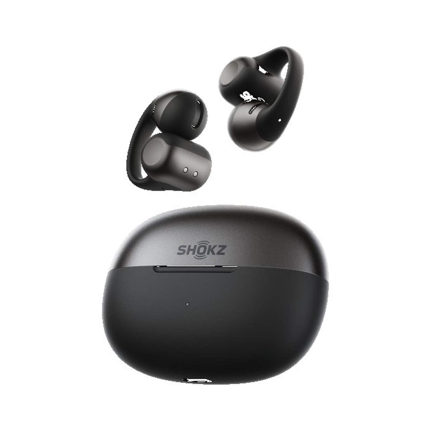 Auricolari wireless neri e custodia di ricarica con logo SHOKZ.