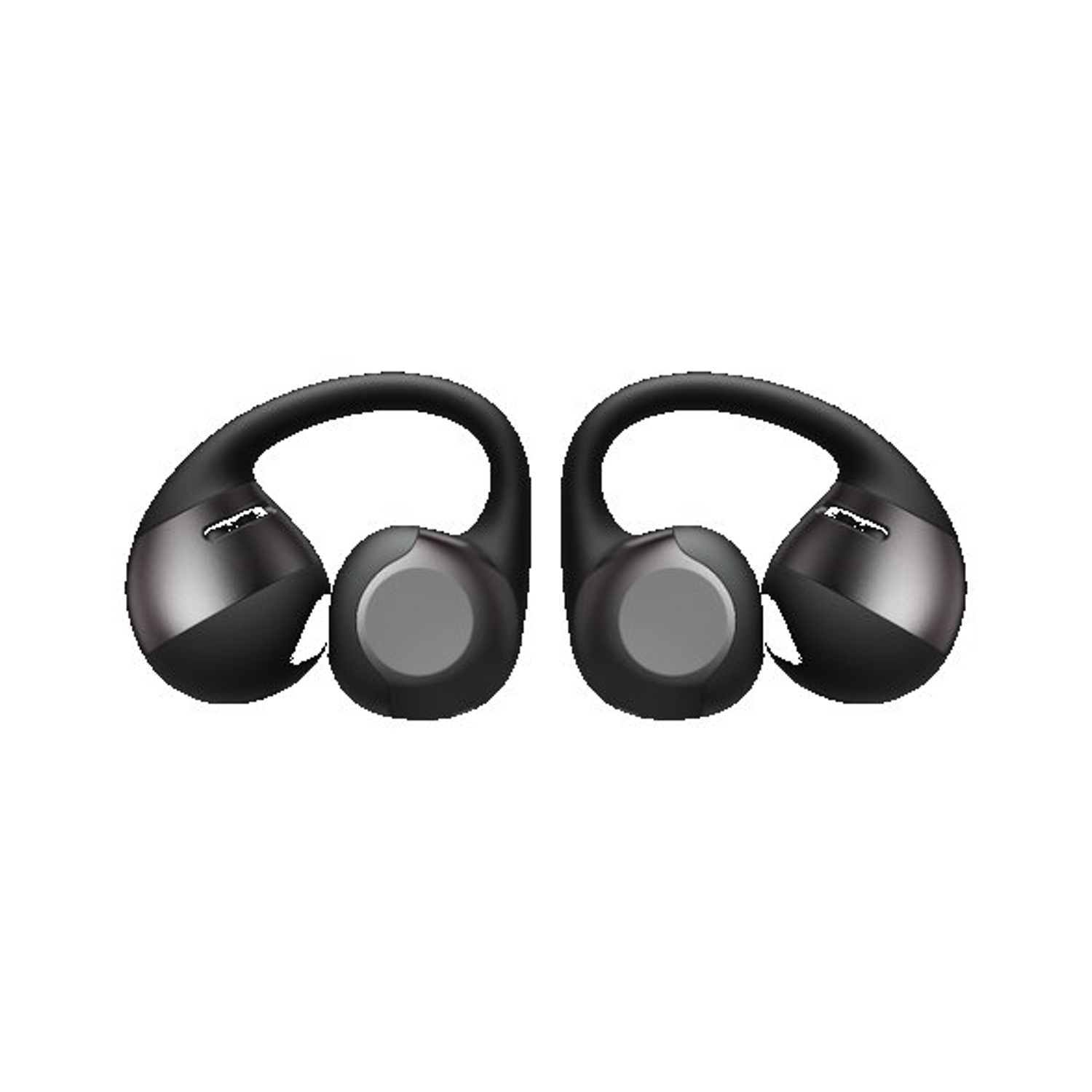 Un paio di auricolari wireless neri con ganci per l'orecchio.
