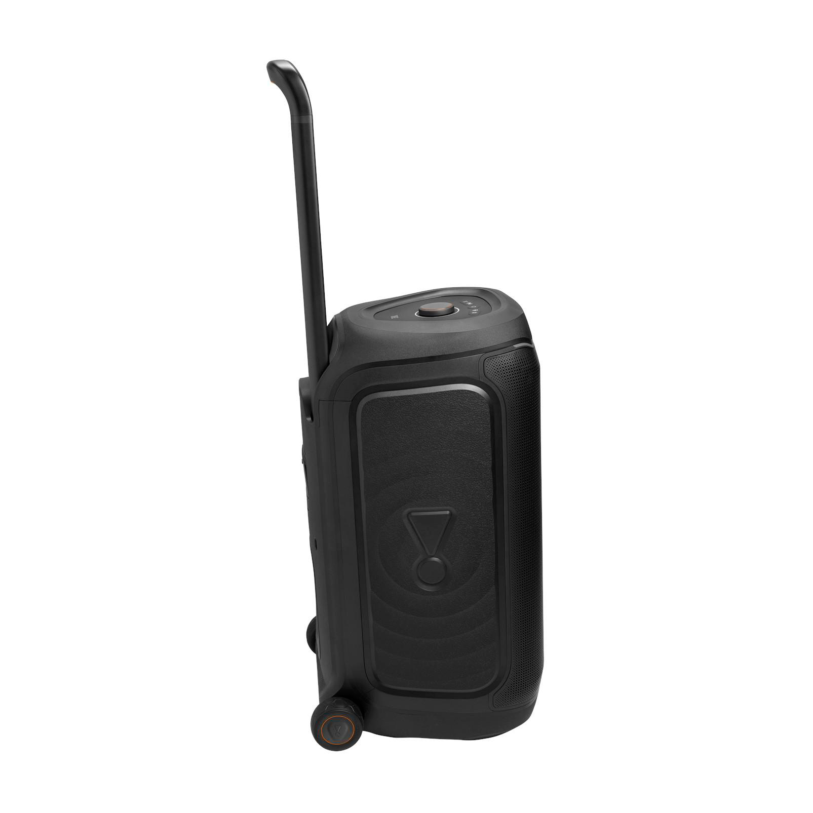 Schwarzer Bluetooth-Lautsprecher mit Rollen und ausziehbarem Griff.