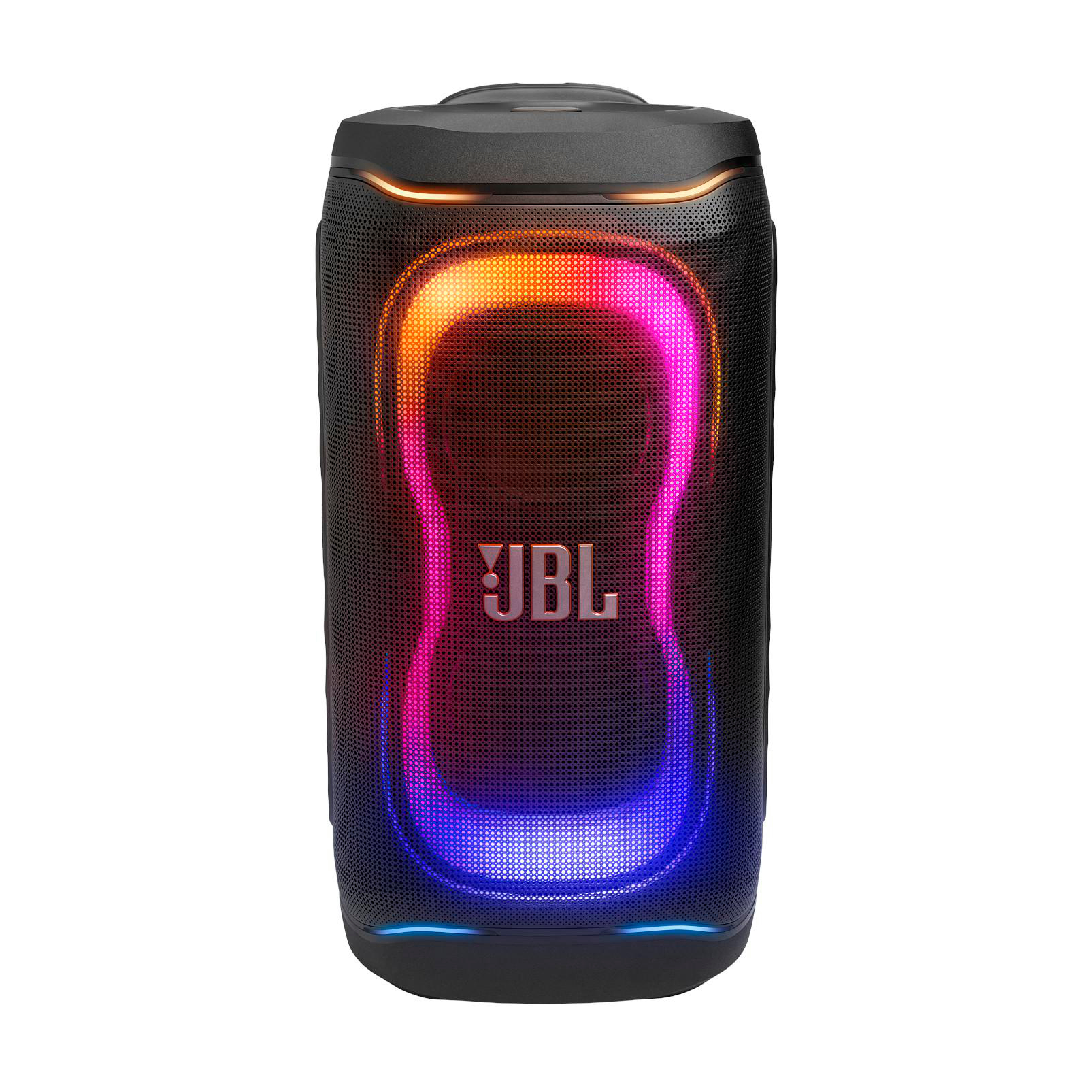 Schwarzer JBL-Lautsprecher mit pulsierenden roten, orangen und blauen Lichtern.