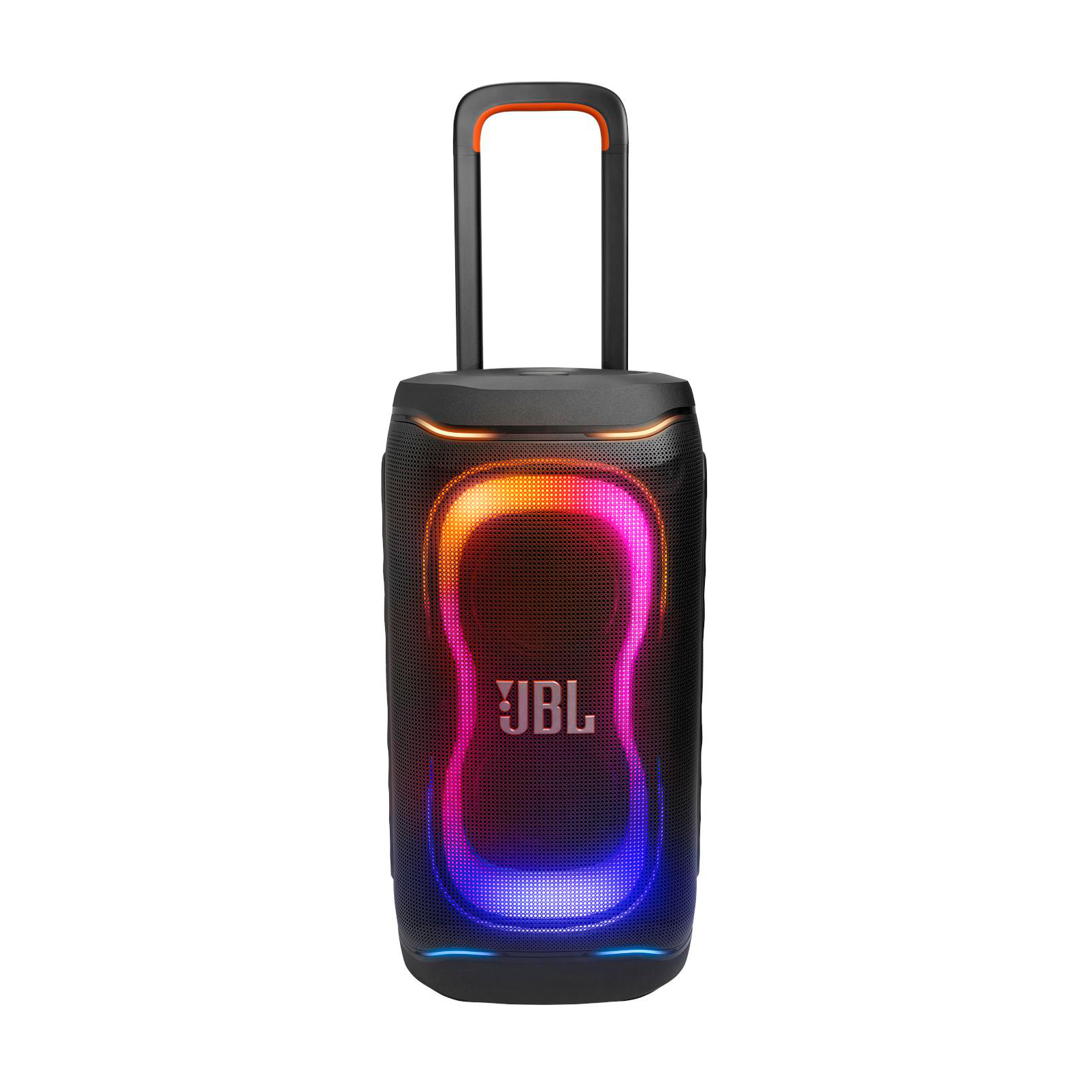 Schwarzer JBL Bluetooth-Lautsprecher mit integriertem Griff und farbiger LED-Beleuchtung.