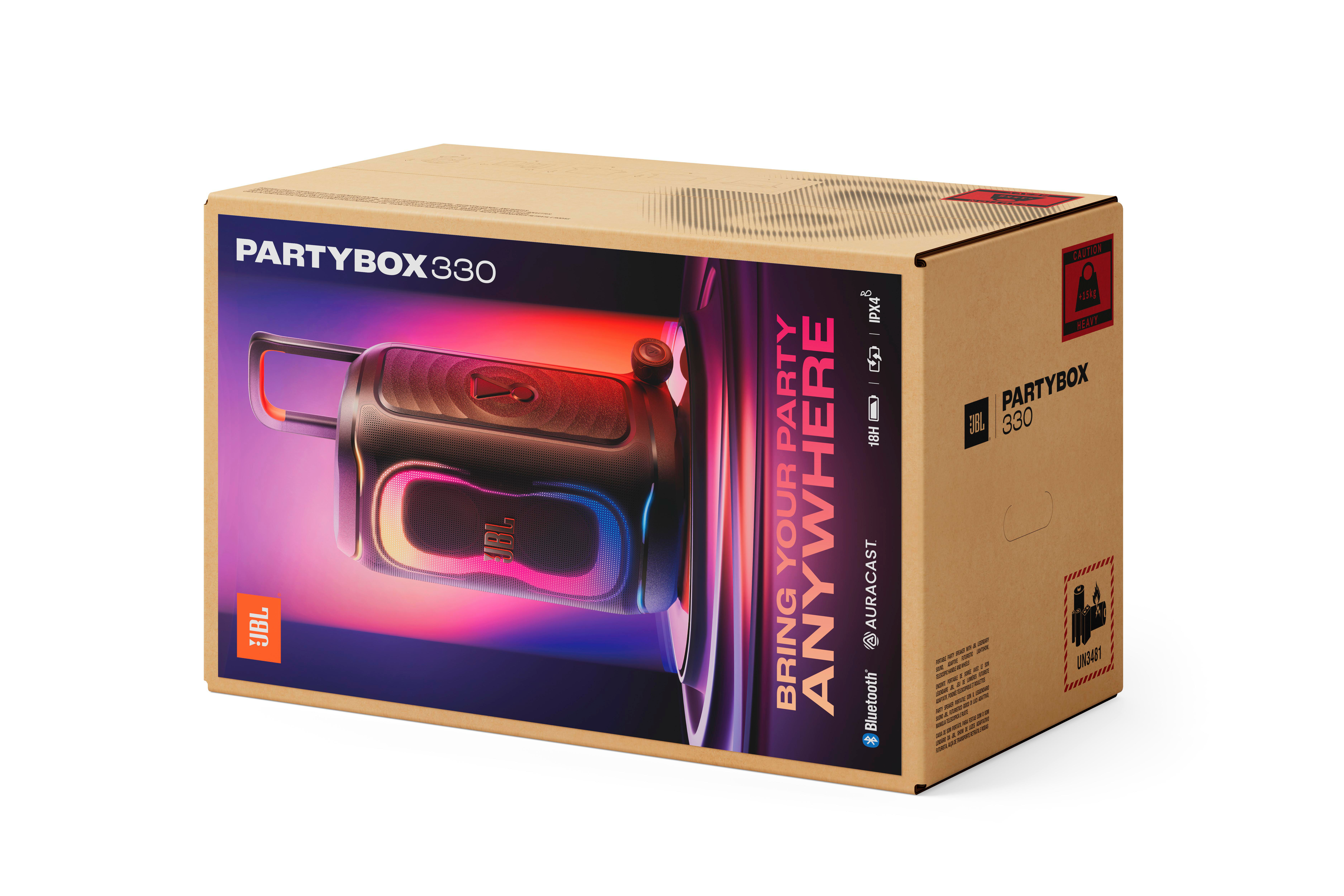 JBL Partybox 330 Lautsprecher auf einem Karton mit Produktabbildung.