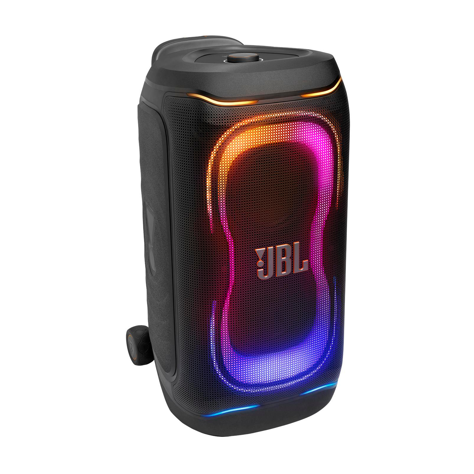 Schwarzer JBL Lautsprecher mit bunten LED-Lichtern, weiter Hintergrund.