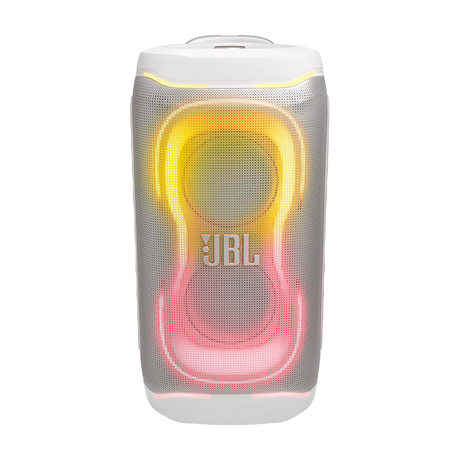 Ein weißer JBL-Lautsprecher mit pulsierenden gelben und roten Lichtern.