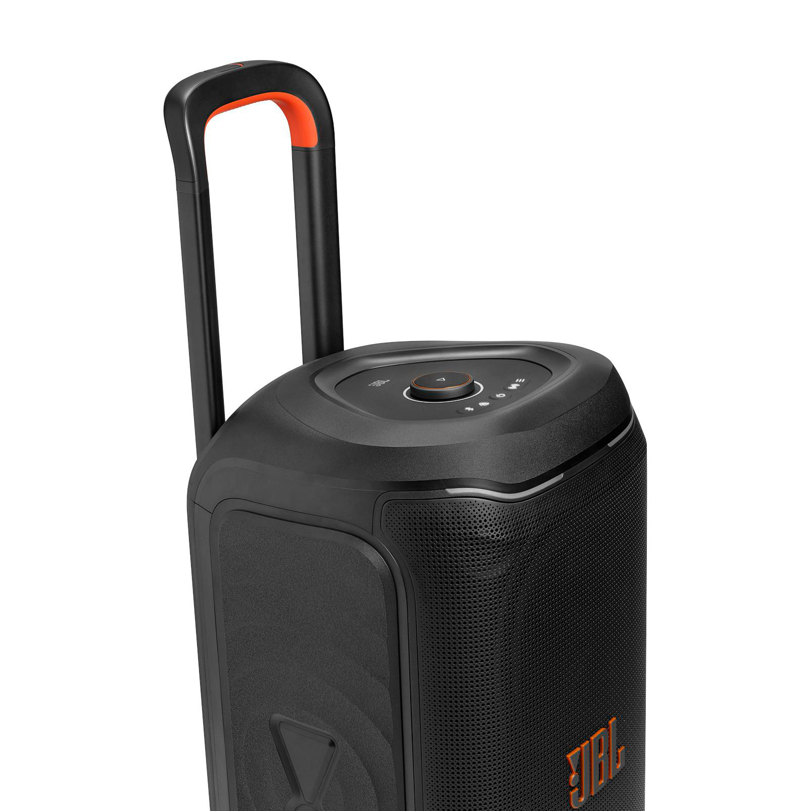 Schwarzer JBL-Lautsprecher mit ausziehbarem Griff und Bedienelementen.