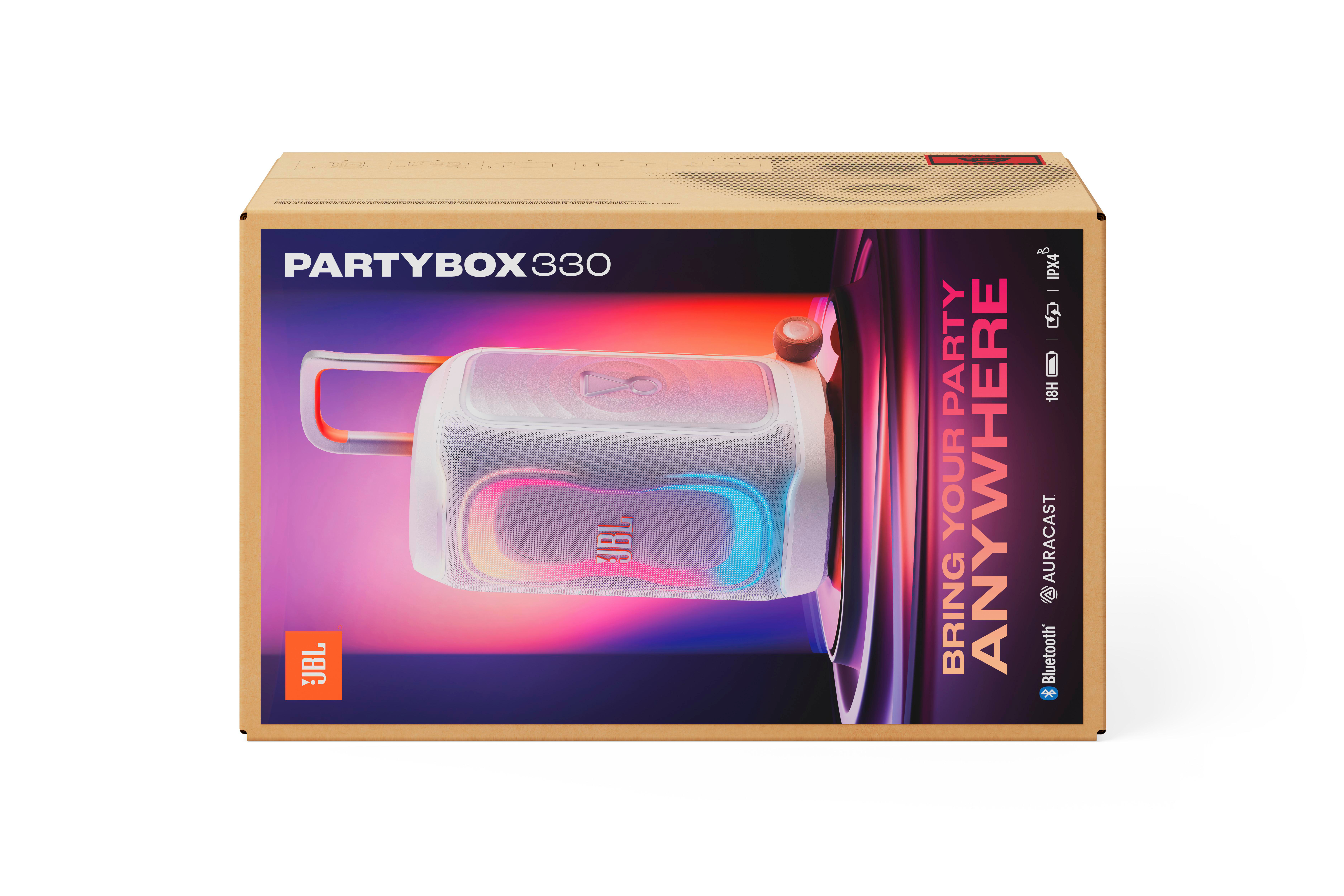 JBL Partybox 330 Lautsprecher auf einem Karton mit farbigem Licht.