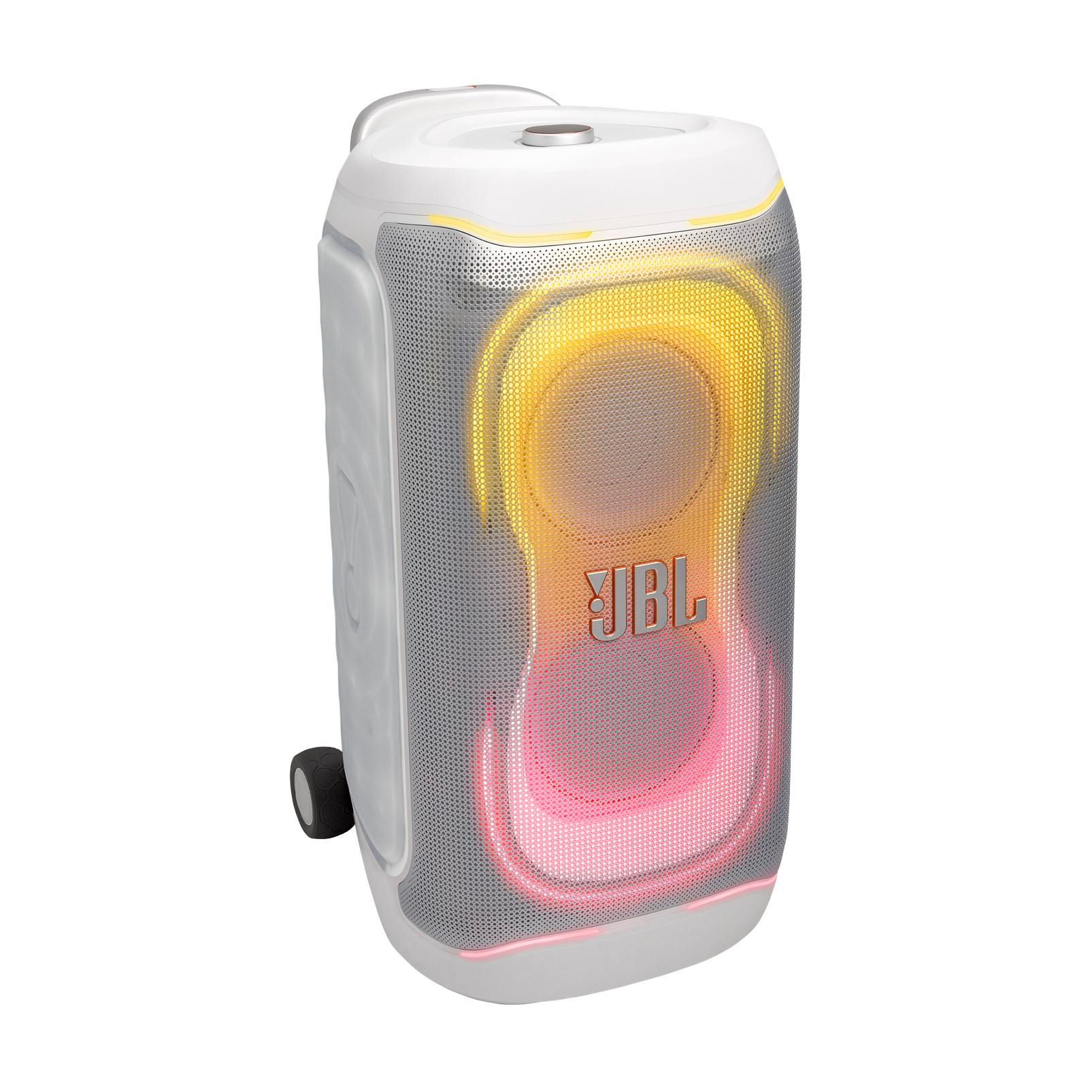 Ein weißer JBL Lautsprecher mit Gitter und bunten Lichtern.