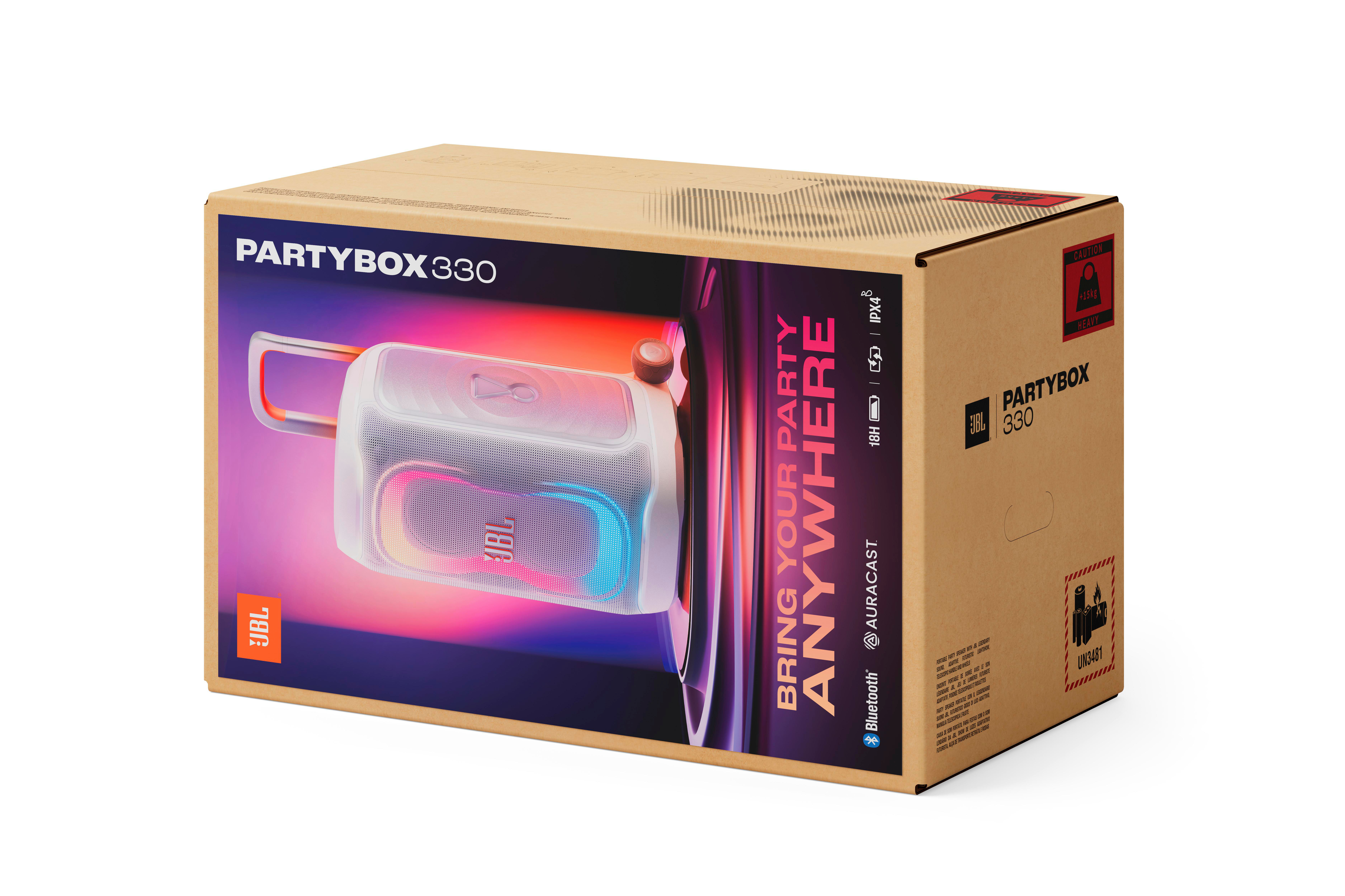 JBL Partybox 330 Lautsprecher auf Kartonverpackung mit Produktbild und Warnhinweisen.