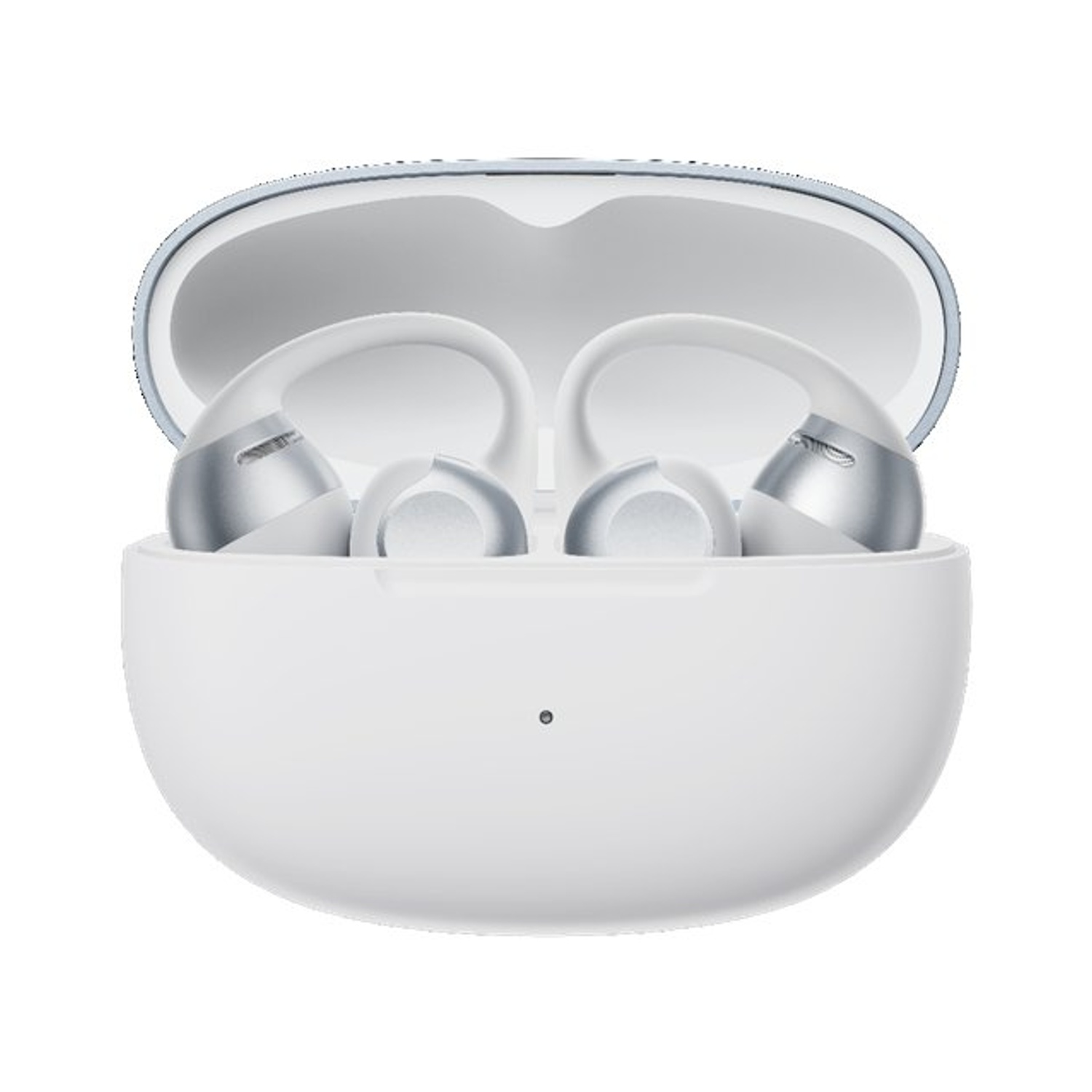 Auricolari wireless bianchi e argento in una custodia di ricarica bianca aperta.
