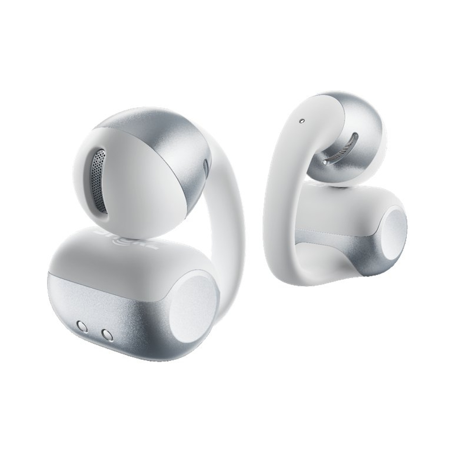 Due auricolari bianchi e argentati con steli curvi, su sfondo bianco.