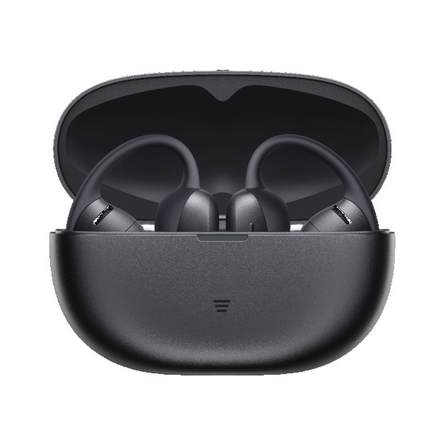 Auricolari wireless neri in custodia di ricarica aperta con logo.
