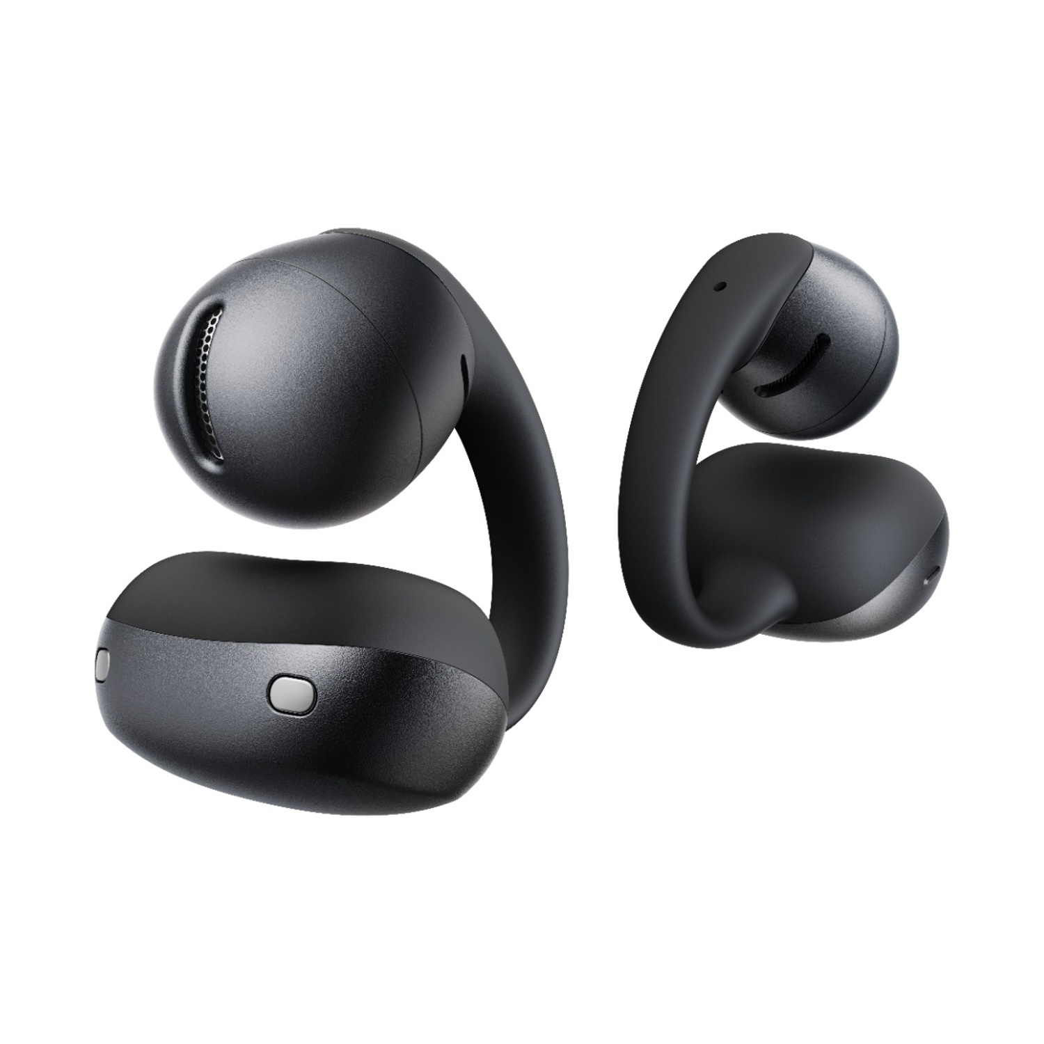Due auricolari wireless neri con ganci per l'orecchio, su sfondo bianco.