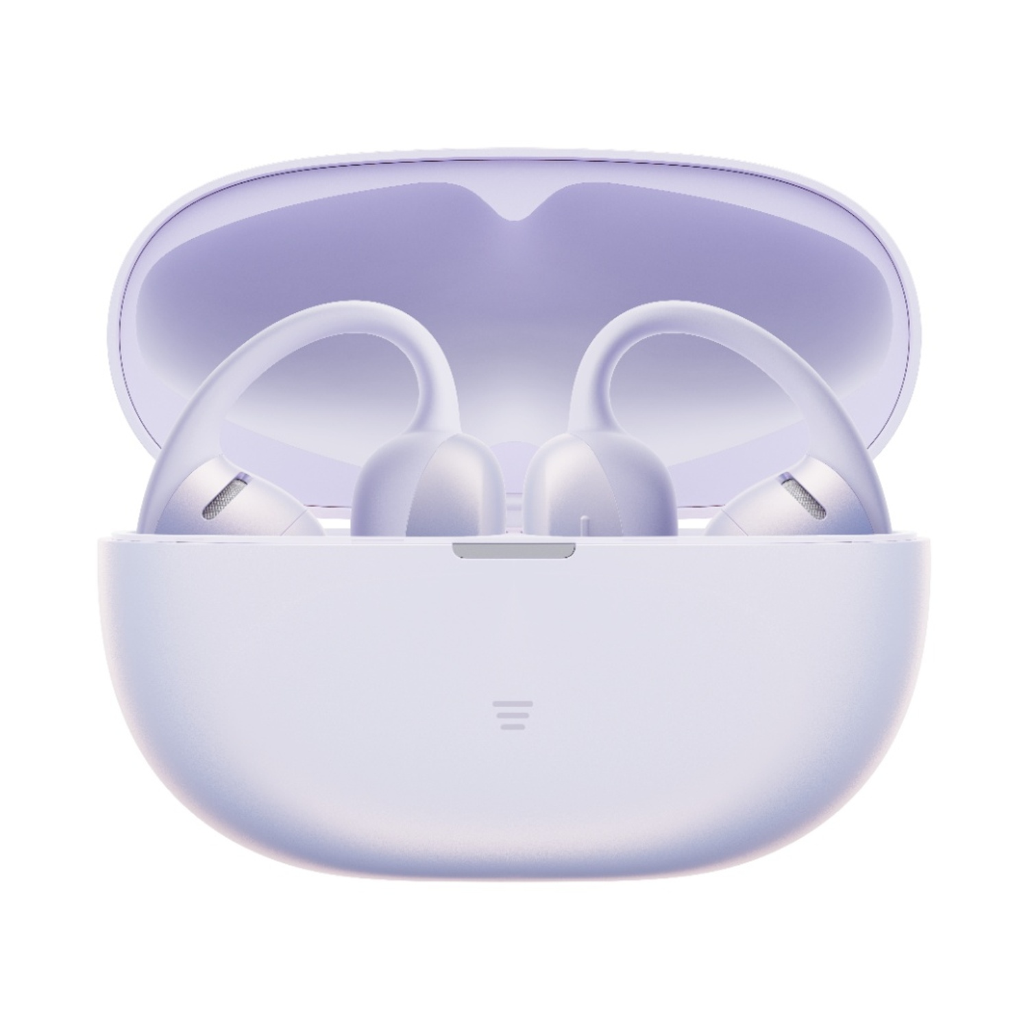 Auricolari viola con custodia di ricarica, aperti.