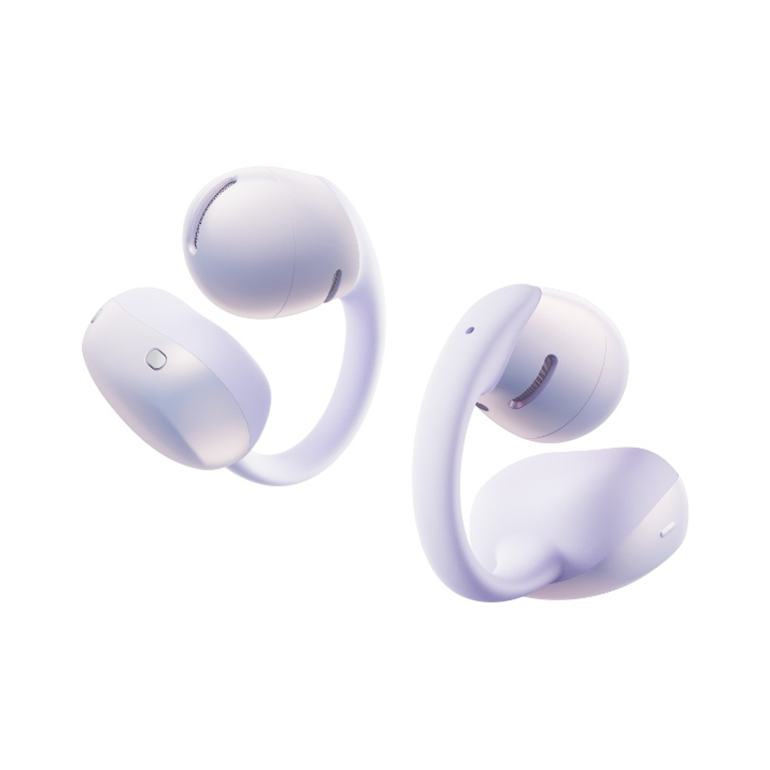 Due auricolari wireless bianchi con ganci curvi, isolati su bianco.