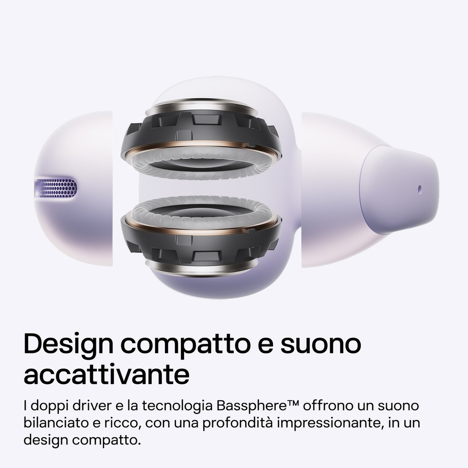 Primo piano di cuffie con doppi driver e tecnologia Bassphere.