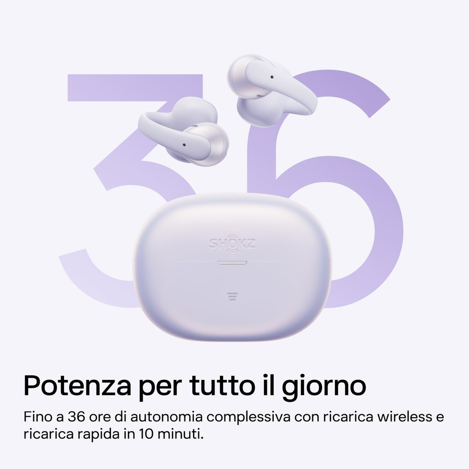 Una custodia di ricarica bianca e due auricolari bianchi con il numero 35 viola.