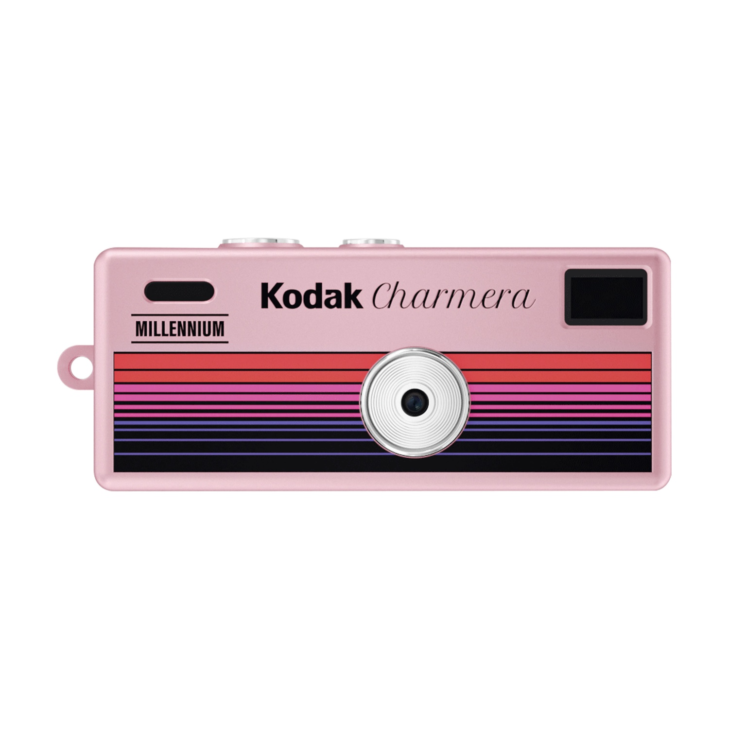 Una fotocamera Kodak Charmers rosa con strisce colorate e un obiettivo.