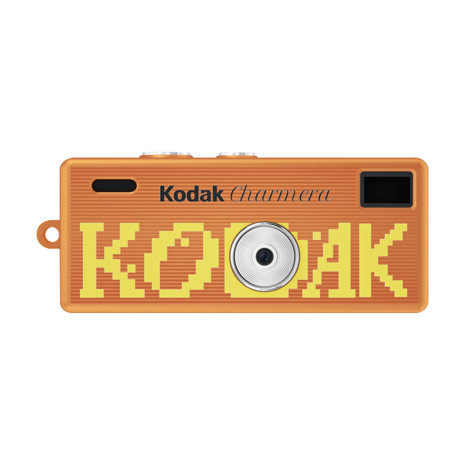 Una Kodak Charmamera arancione con scritta KODAK gialla e lente argentata.