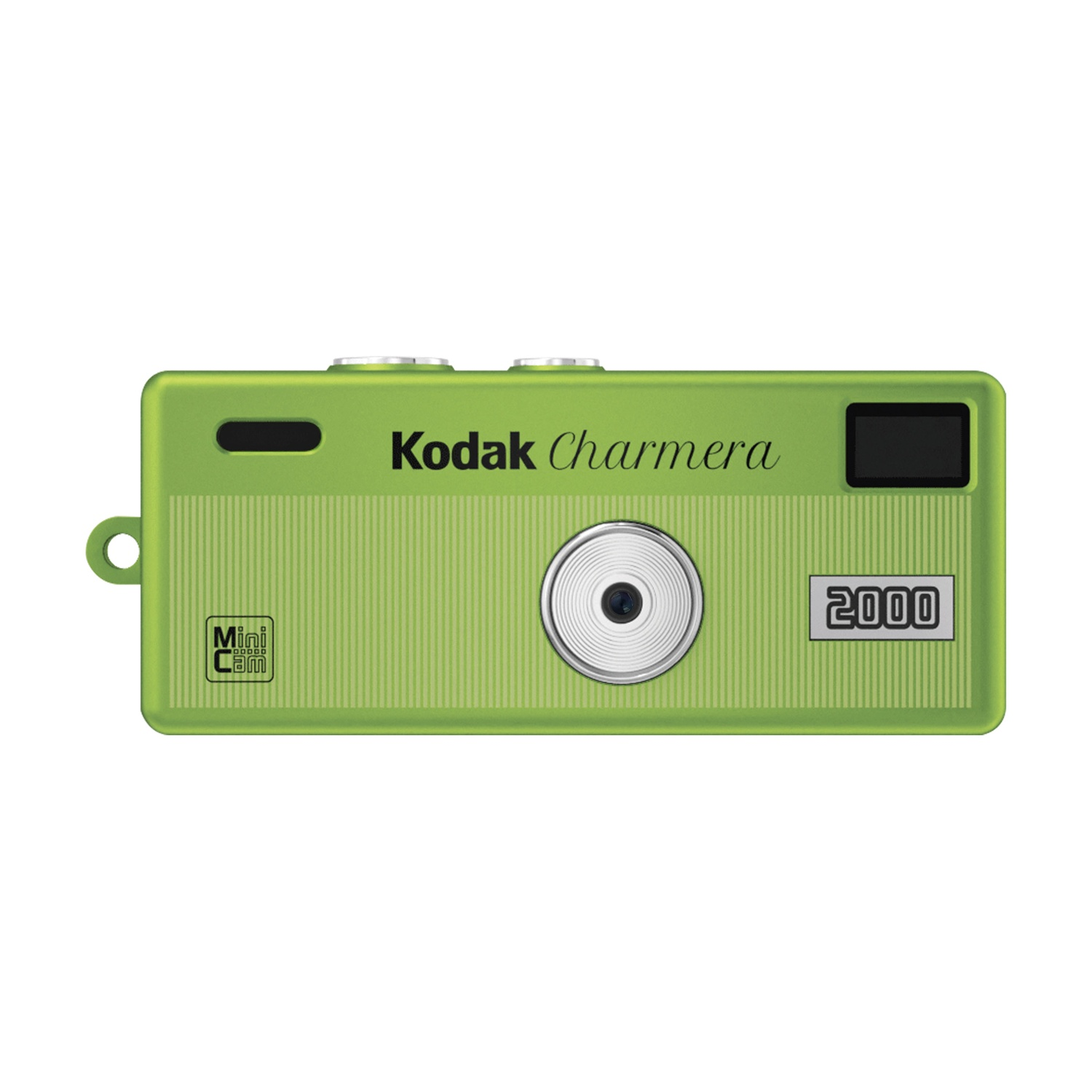 Una fotocamera Kodak Charmamera verde con scritte 2000 e Mini Cam.