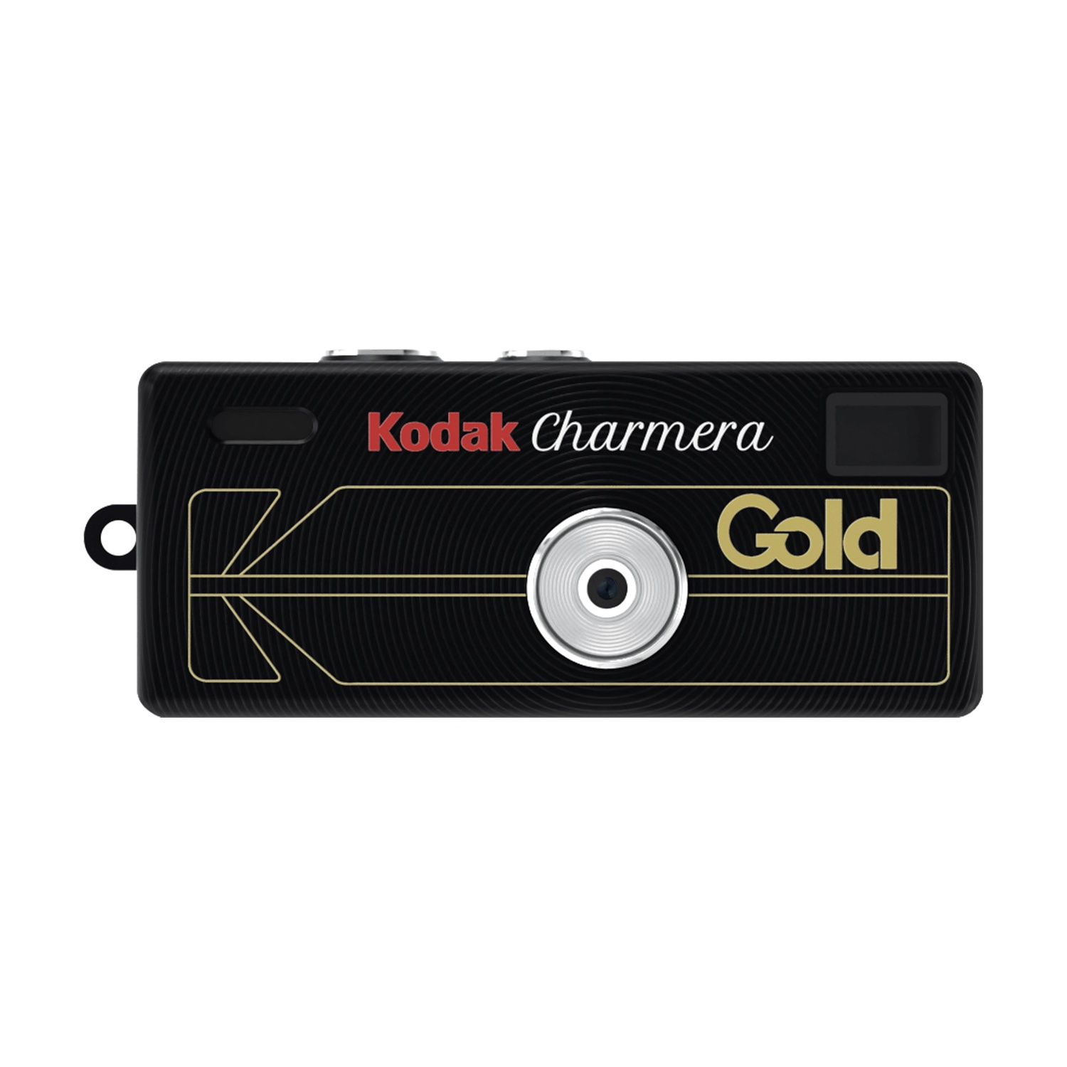 Fotocamera Kodak Charmera Gold nera con obiettivo argentato e accenti dorati.