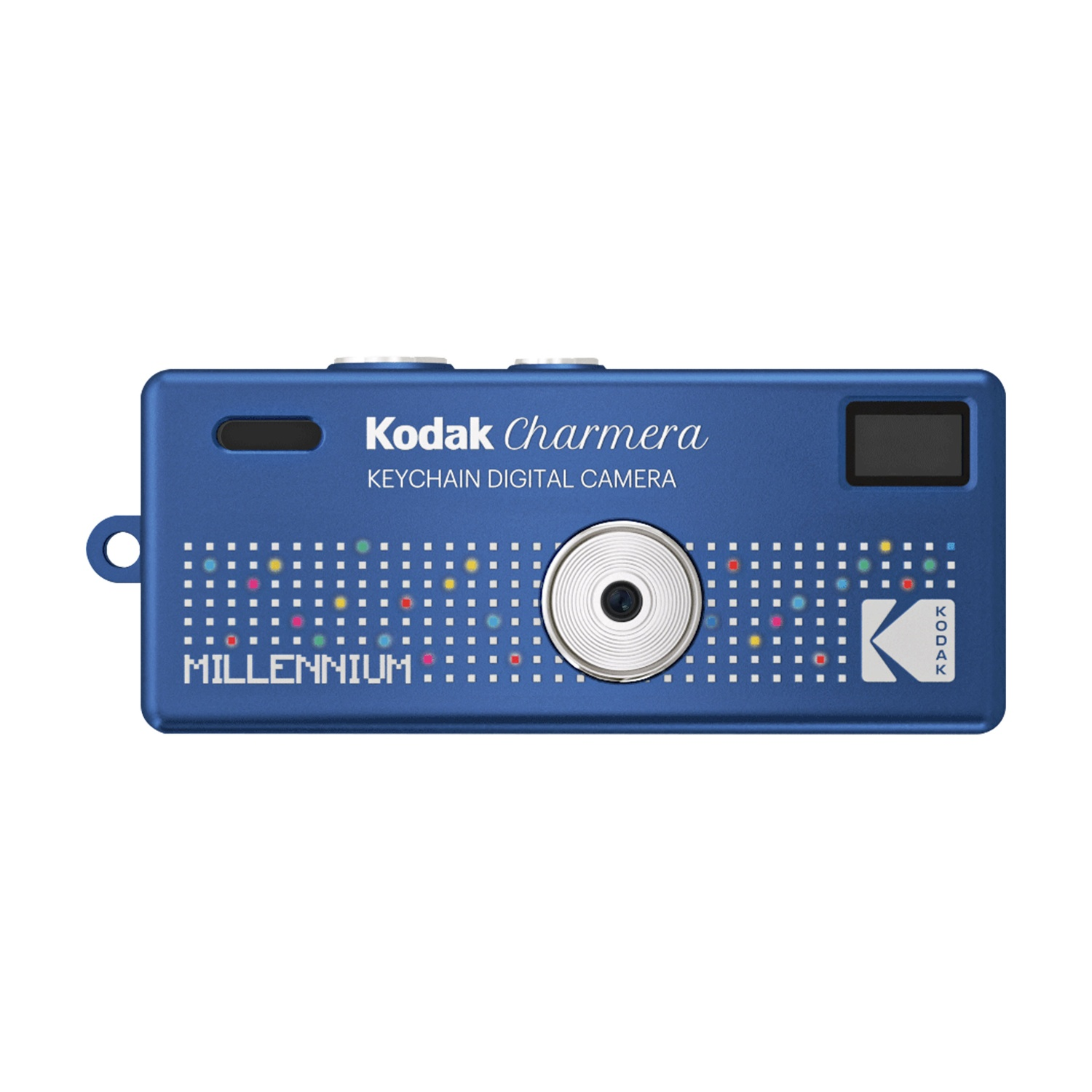 Fotocamera digitale blu Kodak Charmamera con pois colorati e logo K.
