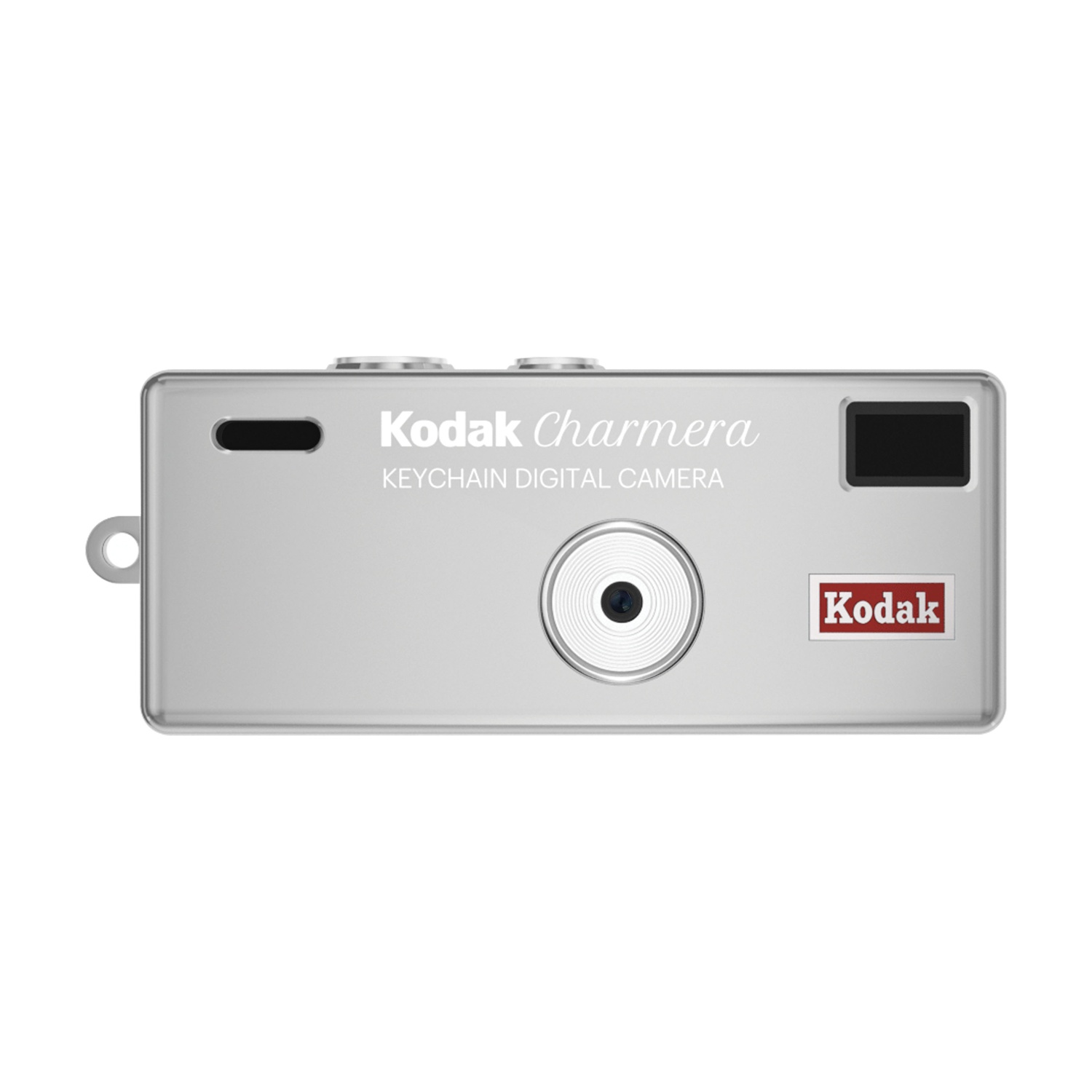 Fotocamera digitale portachiavi Kodak Charmera argento con obiettivo e logo Kodak.