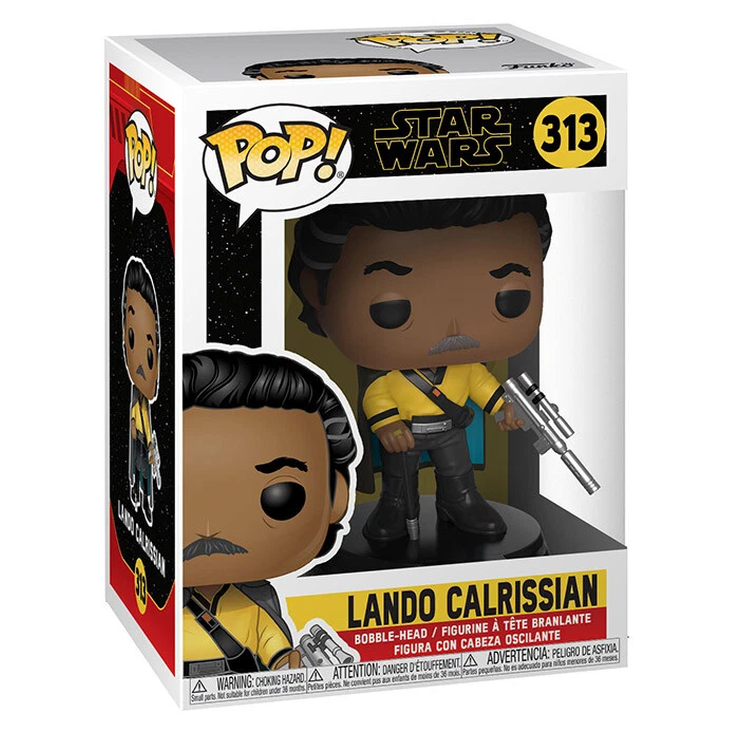 Funko Pop Lando Calrissian figuur in Star Wars doos met blaster.