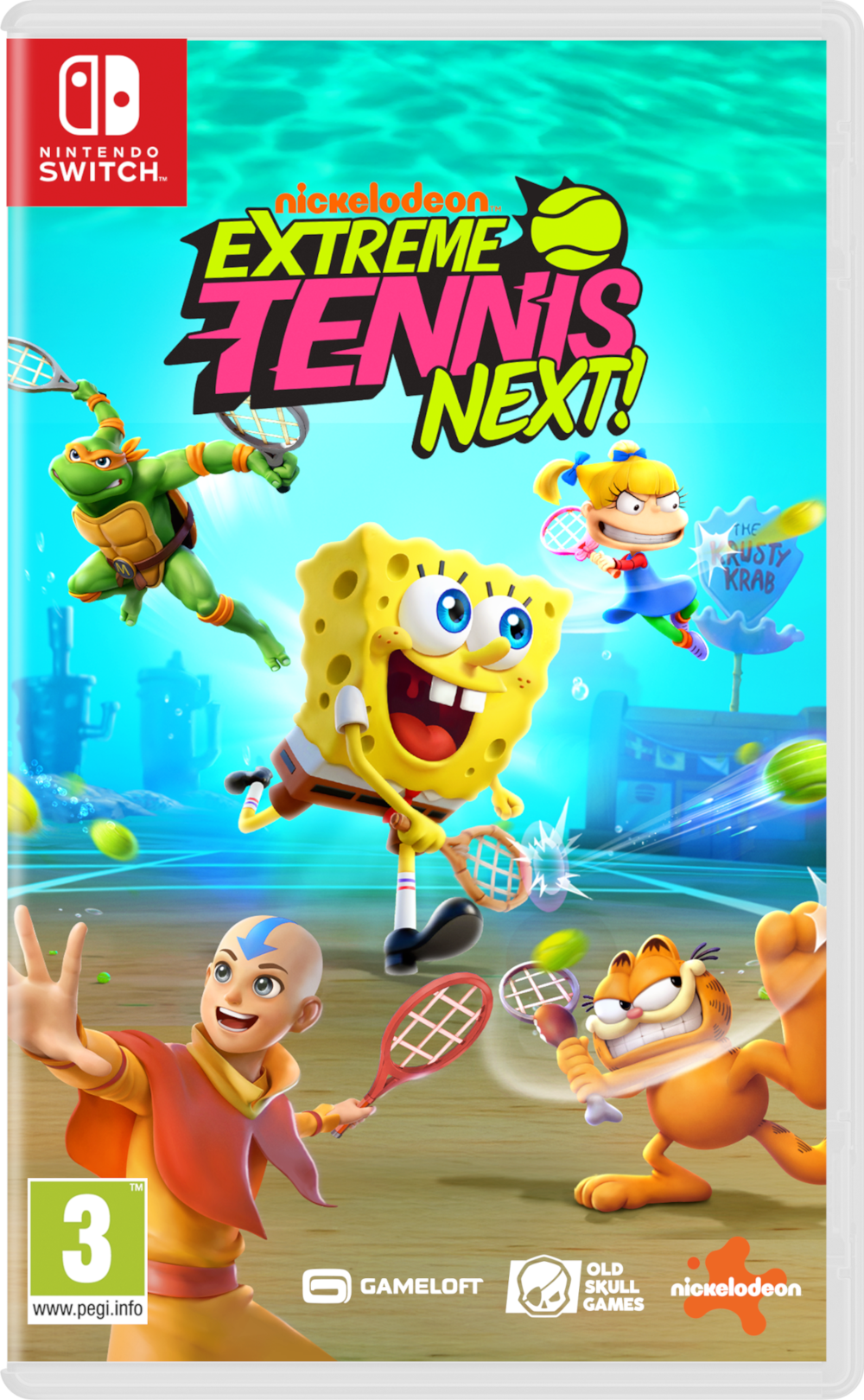 Nintendo Switch játékhuzat Spongebobbal, Michelangelo-val, Angelicával, Aang-gal és Garfielddel teniszezés közben.