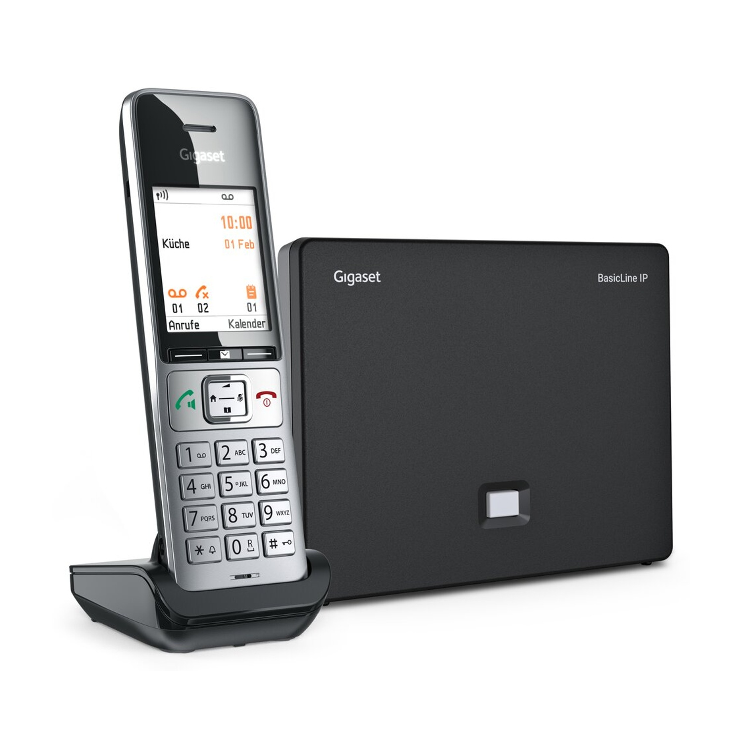 Un telefono cordless Gigaset nero e argento accanto a una base nera.