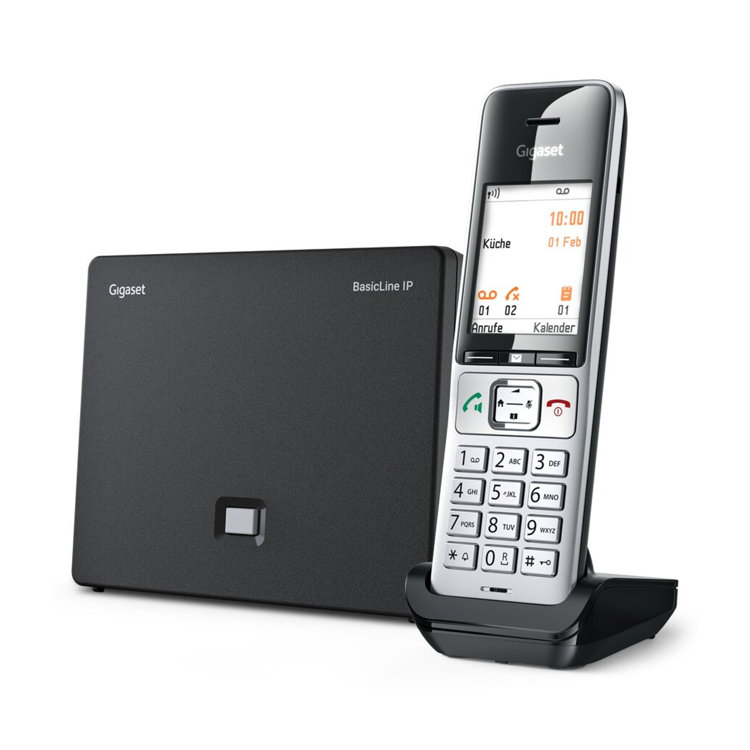 Un telefono cordless Gigaset con base su sfondo bianco.