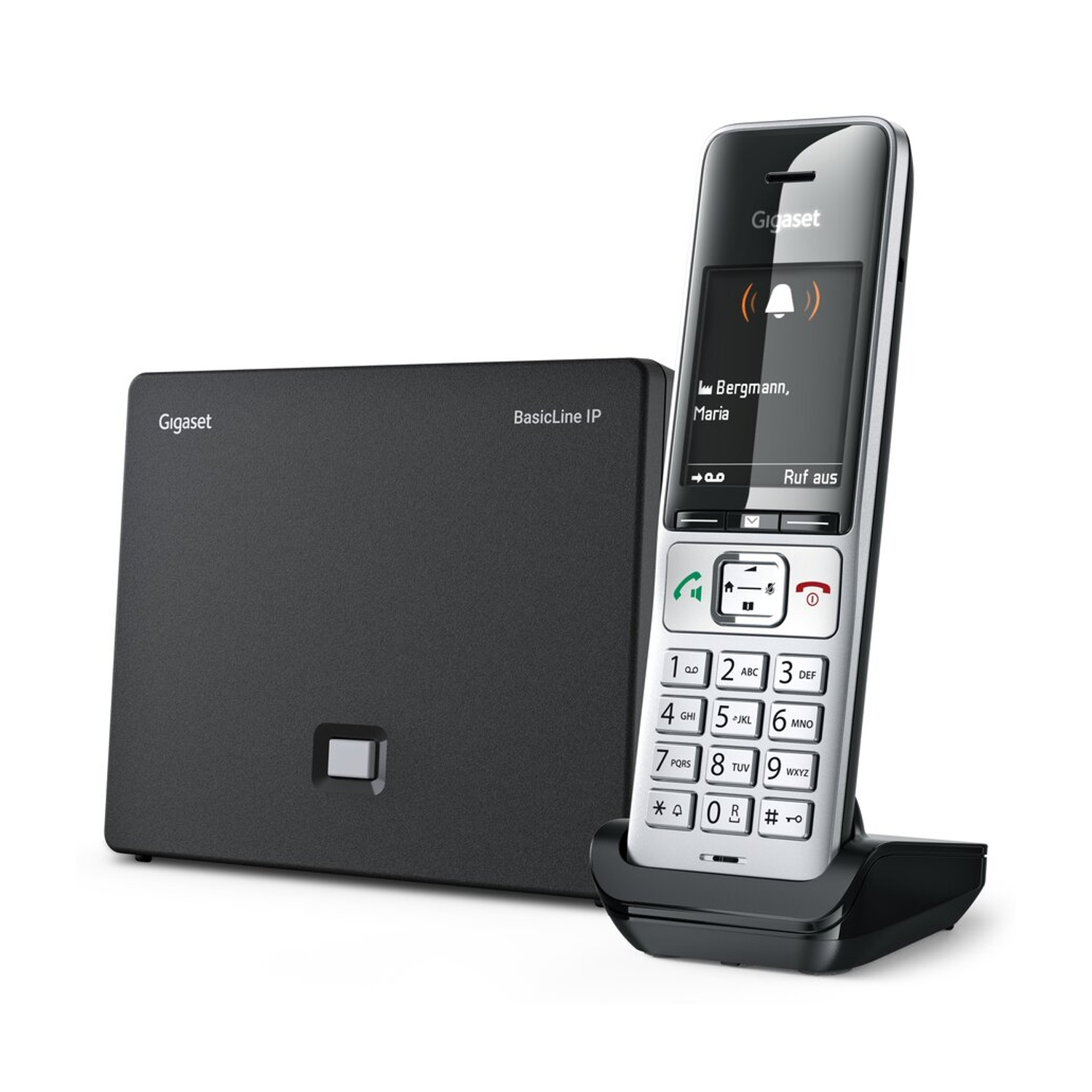 Telefono IP Gigaset con base su sfondo bianco.