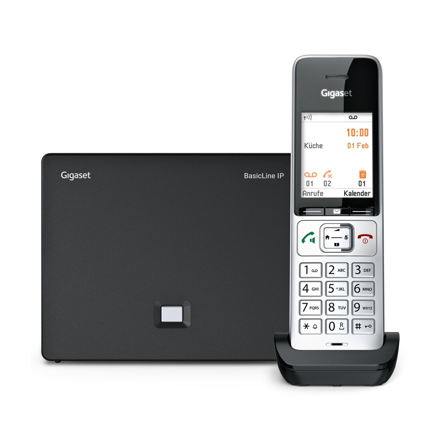 Una base nera Gigaset IP con un telefono cordless nella sua base.