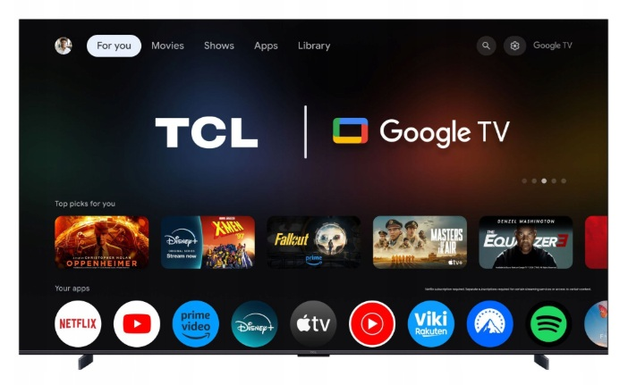 Telewizor TCL Google TV wyświetlający interfejs z filmami i aplikacjami.