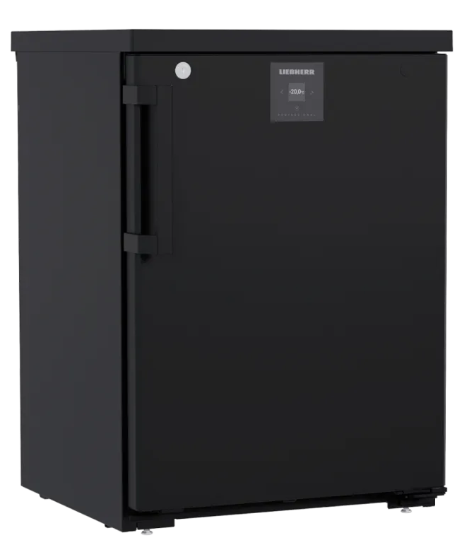 Schwarzer Liebherr-Gefrierschrank mit digitaler Anzeige und Griff.