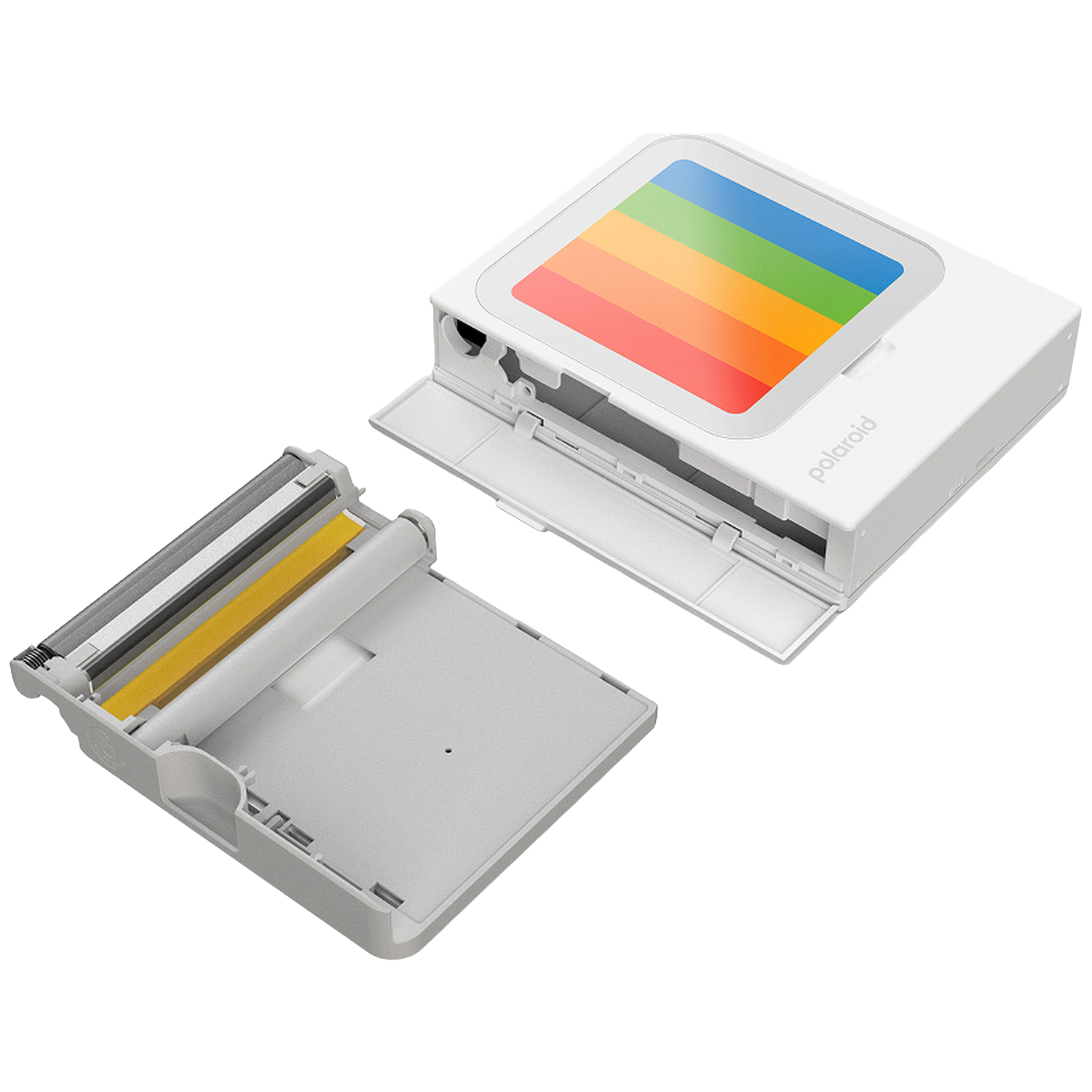 Une imprimante Polaroid blanche avec compartiment ouvert et bande colorée.