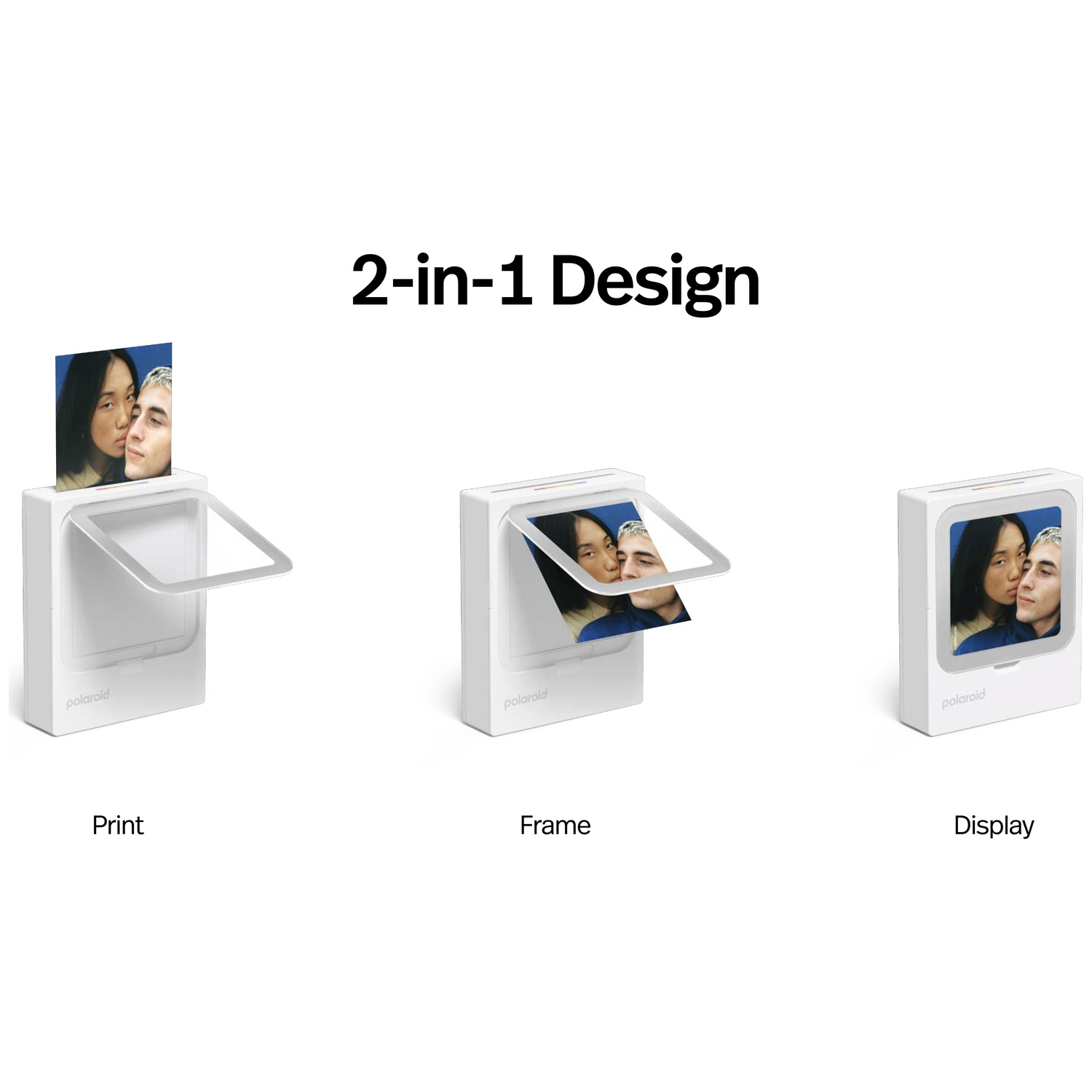 Trois imprimantes Polaroid blanches affichent une personne sur une photo.