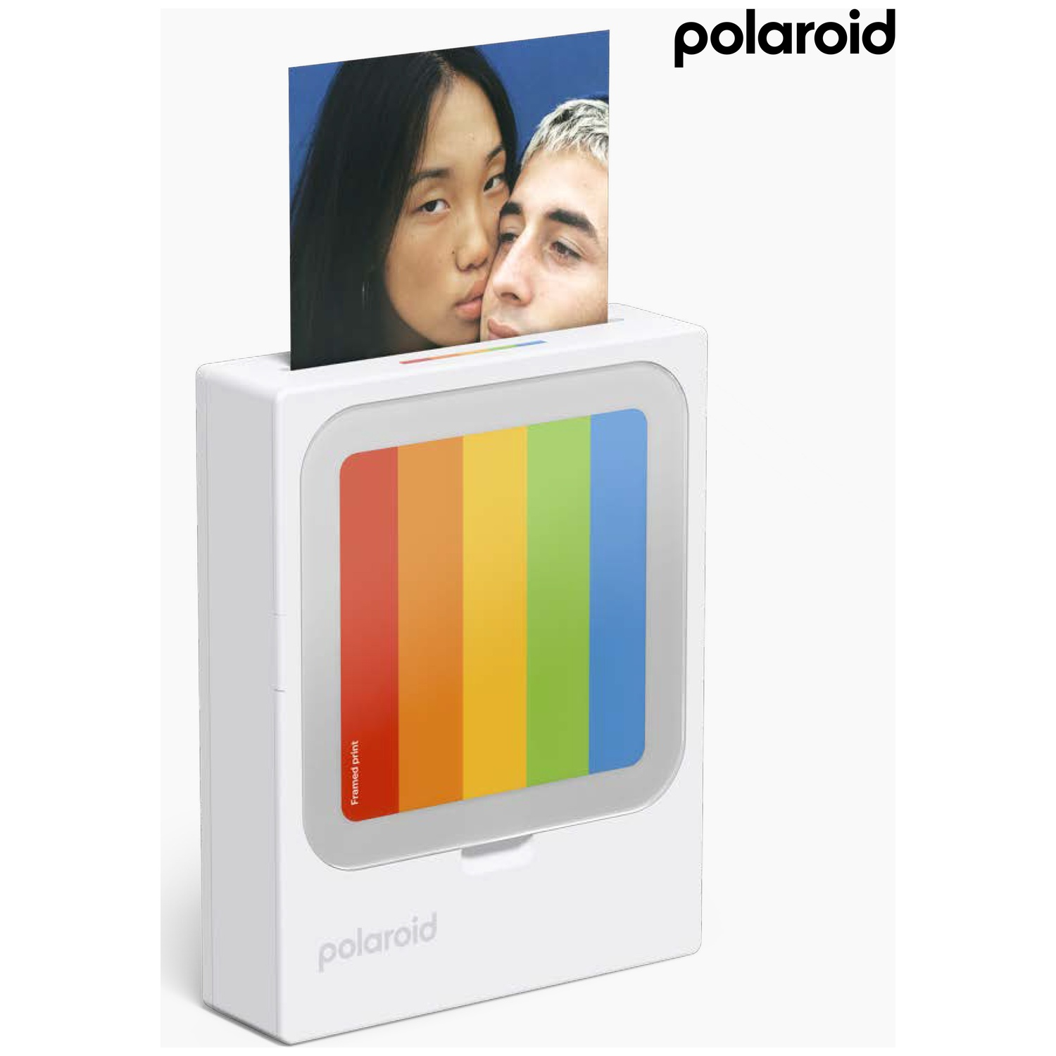 Imprimante Polaroid blanche avec photo de deux personnes et rayures arc-en-ciel à l'écran.