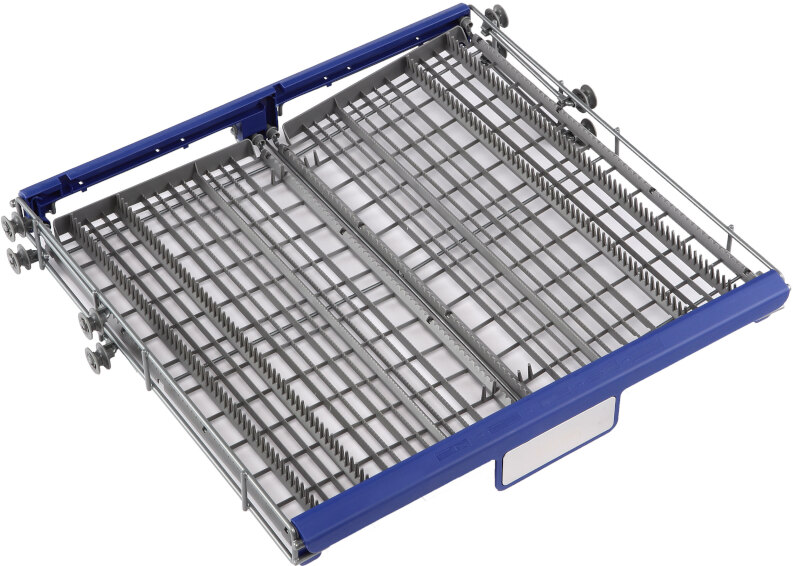 Een blauw en grijs vaatwasrek met wielen op een witte achtergrond.