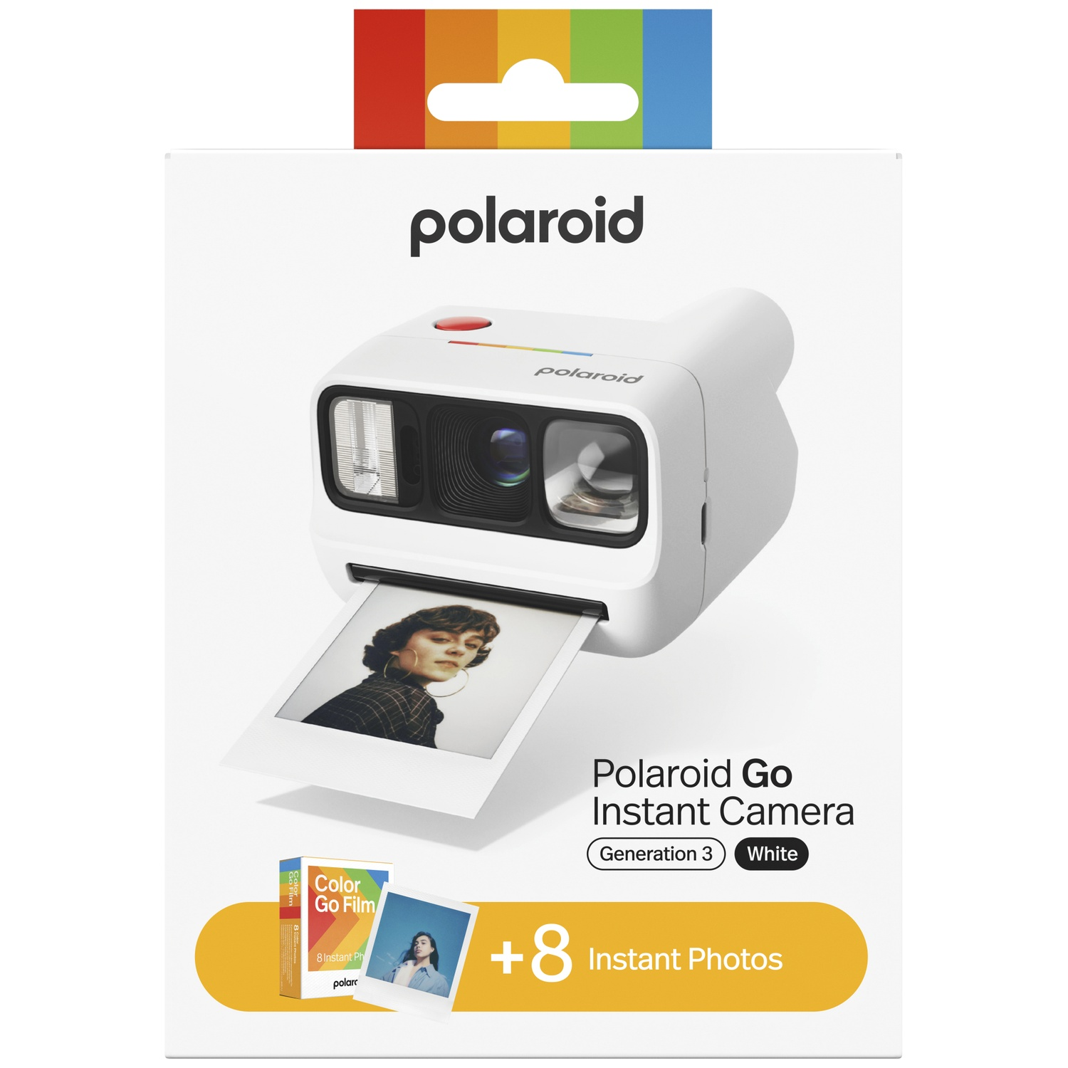 Appareil photo instantané Polaroid Go blanc avec photo imprimée et boîte de film.
