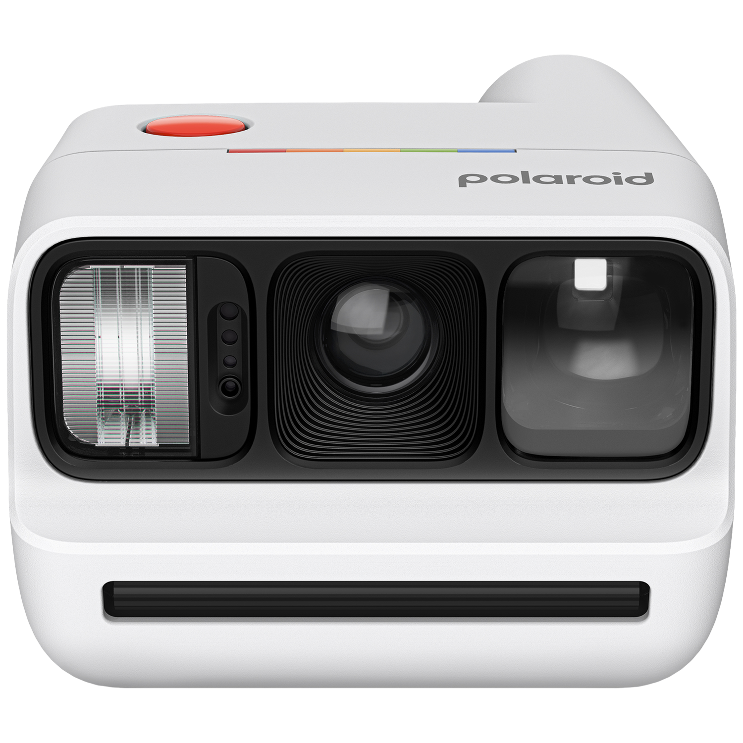 Un appareil photo instantané Polaroid blanc avec bouton rouge et rayures arc-en-ciel.