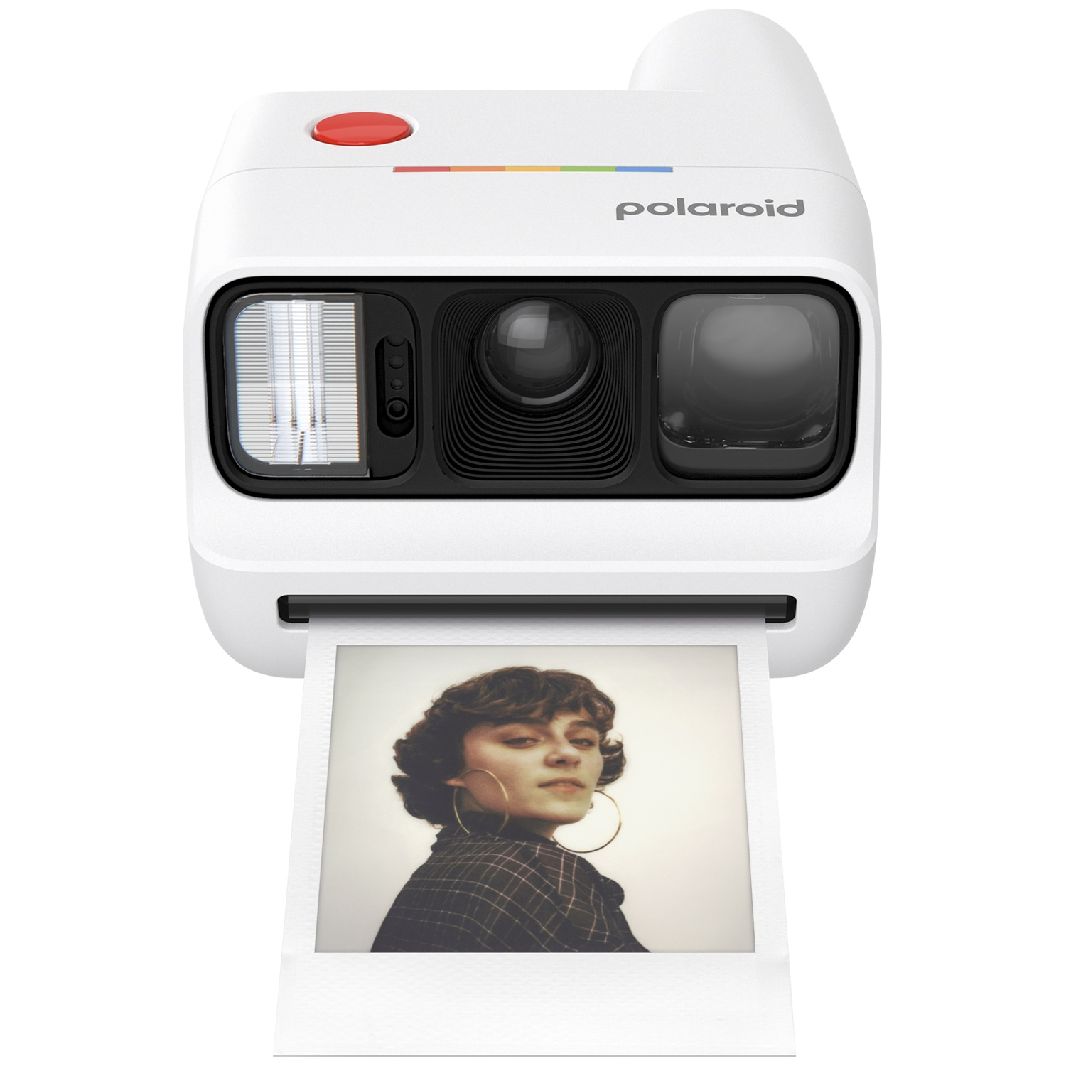 Appareil photo instantané Polaroid blanc avec photo d'une femme portant des créoles.