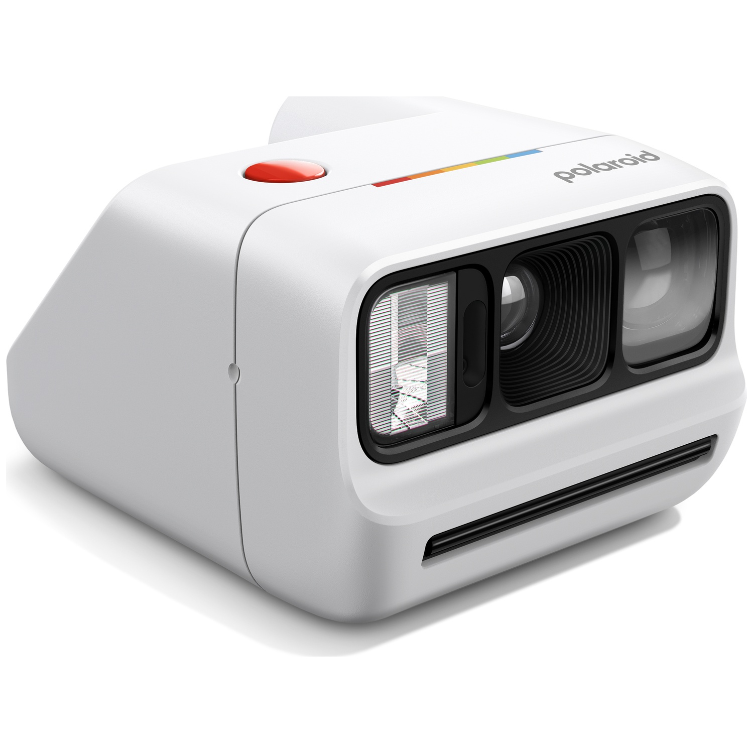 Un appareil photo Polaroid blanc avec un bouton rouge et un détail rayé arc-en-ciel.