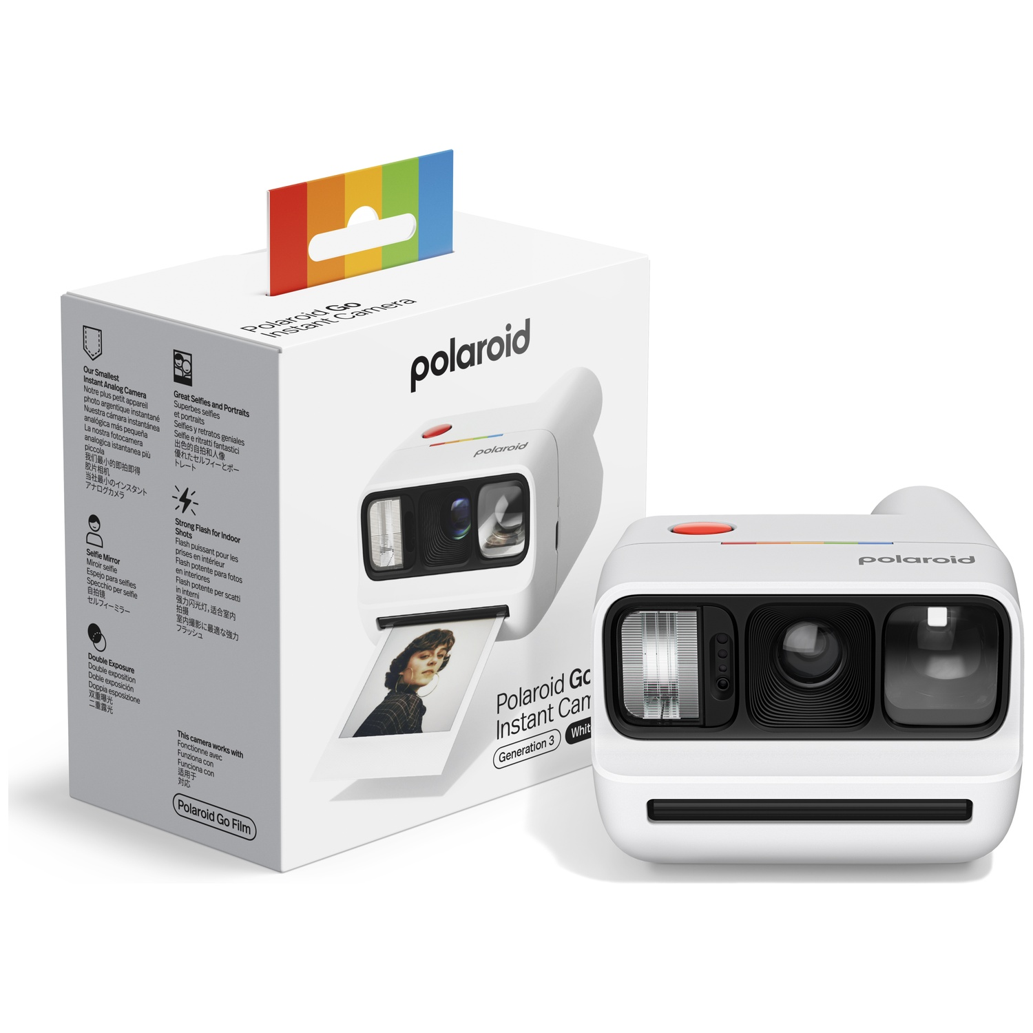 Appareil photo instantané Polaroid Go et son emballage, montrant un selfie et une photo imprimée.