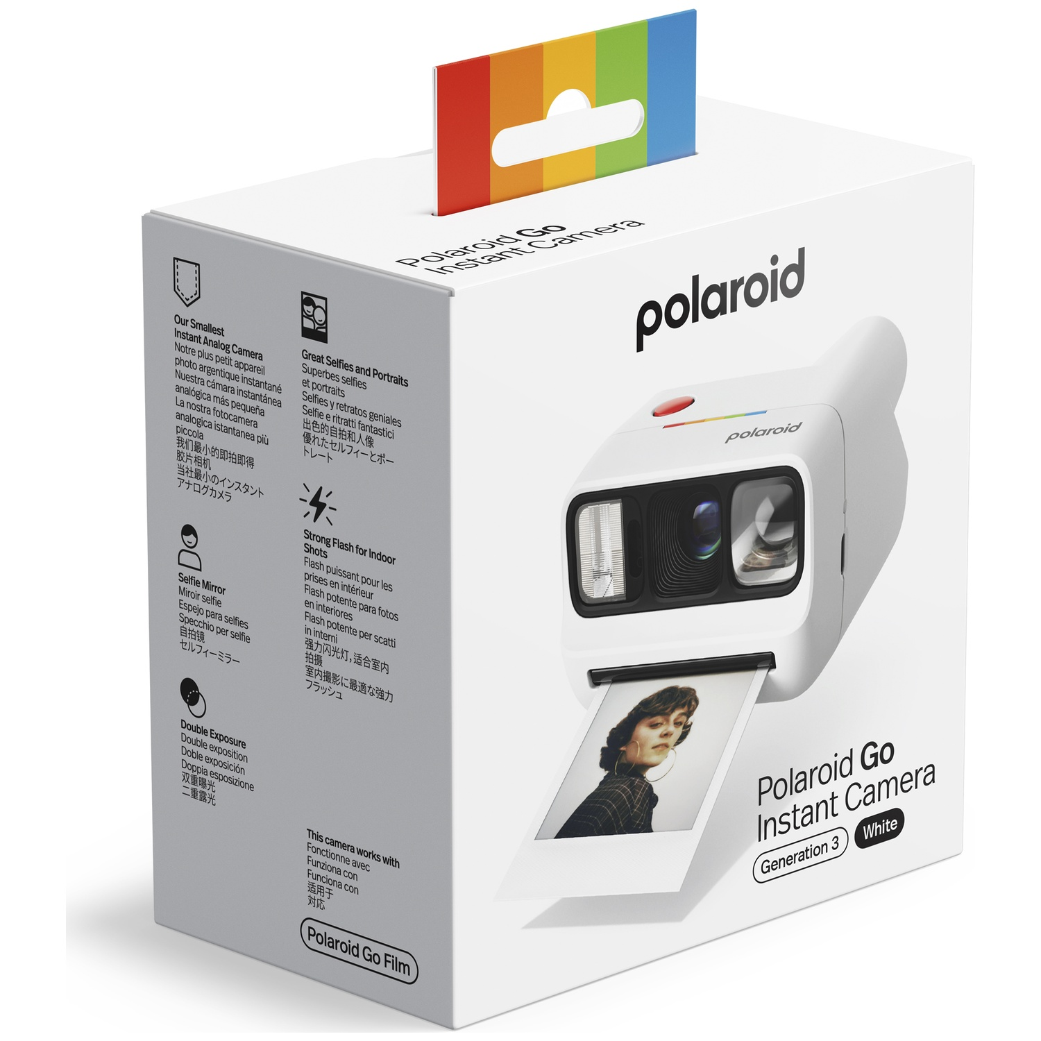 Appareil photo instantané Polaroid Go blanc avec boîte imprimée et une photo.