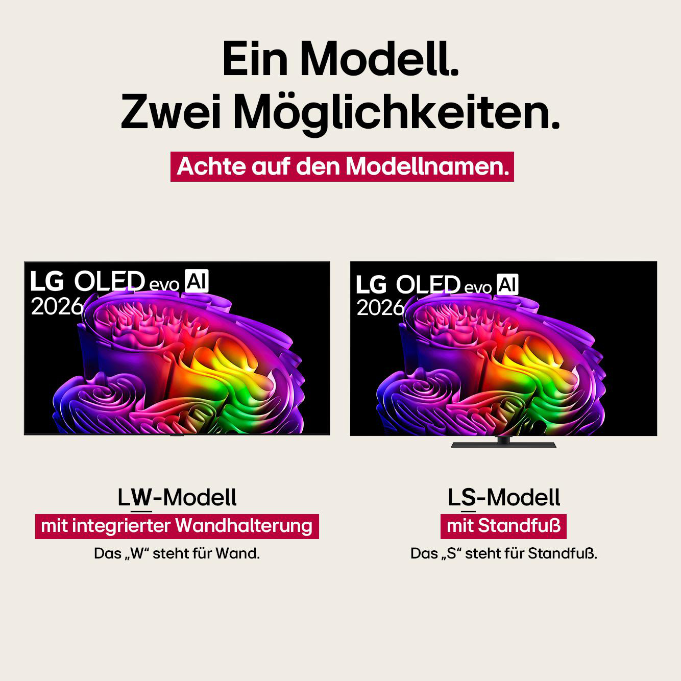 Zwei LG OLED evo AI 2026 Fernseher, einer Wandmontage, einer Standfuß.